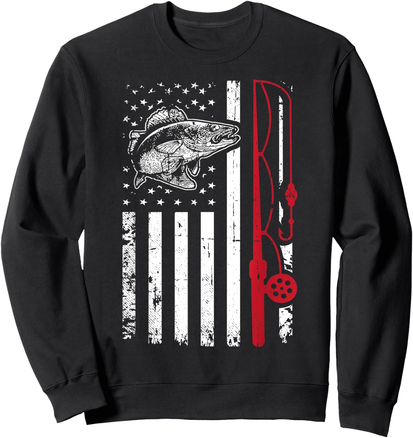 Vintage Walleye Fish T Shirt Fishing American Flag Gift Sweatshirt - Sweatshirt | Black