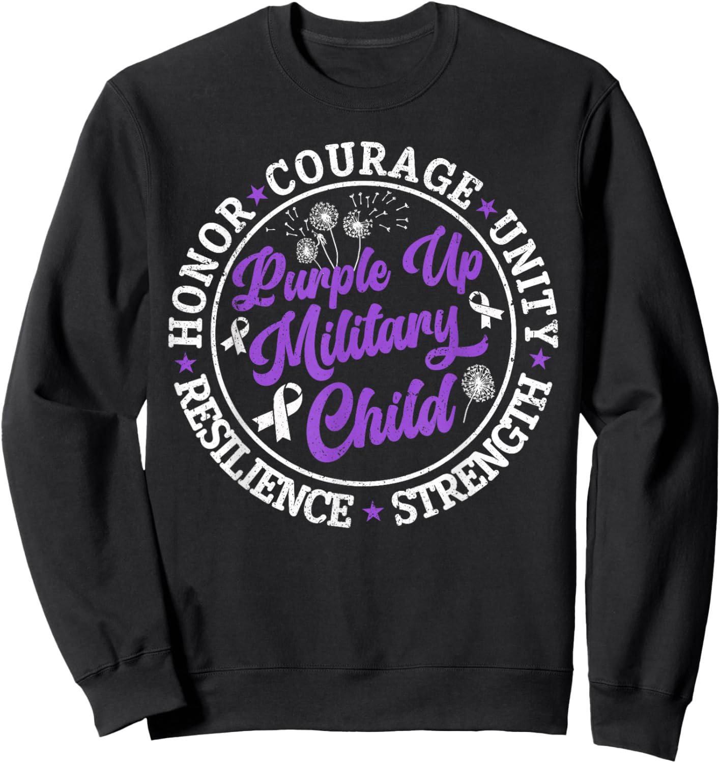 Purple Up Military Child 2024 Honor Courage Unity Dandelion Sweatshirt - Sweatshirt | Black