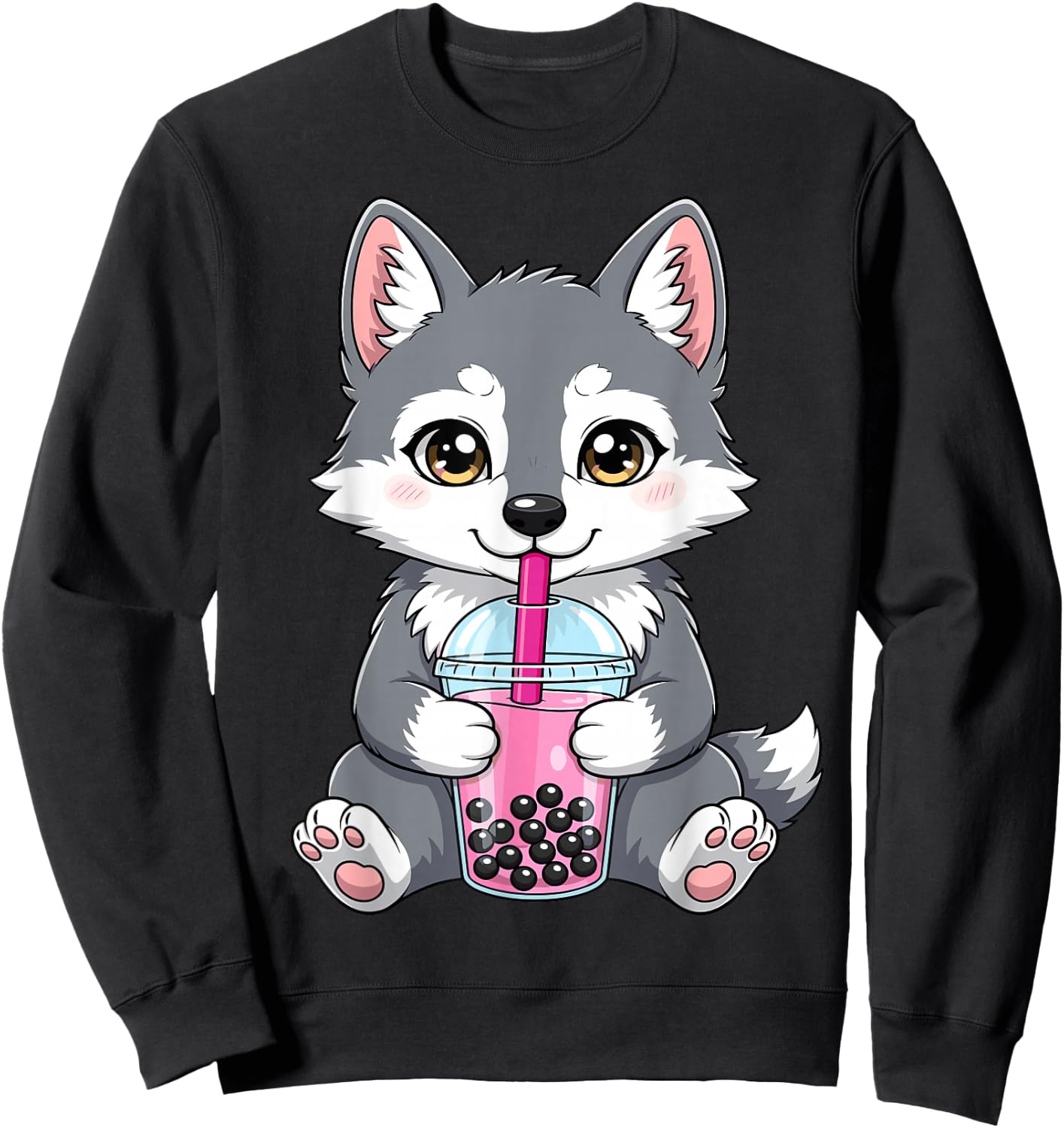 Wolf with Boba Bubble Tea Cute Kawaii Sweatshirt - Sweatshirt | Black
