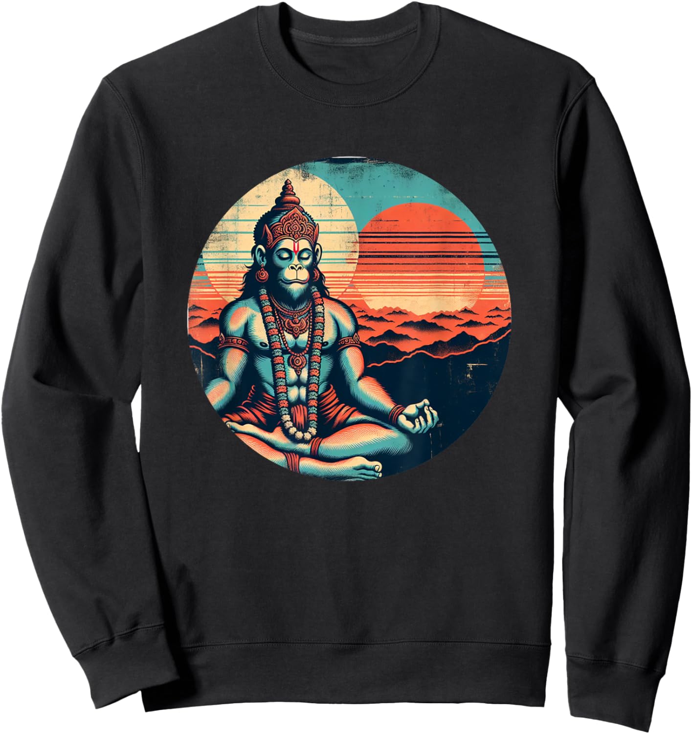 Meditating Hanuman Vintage Sunset Empowering Yoga Meditation Sweatshirt - Sweatshirt | Black