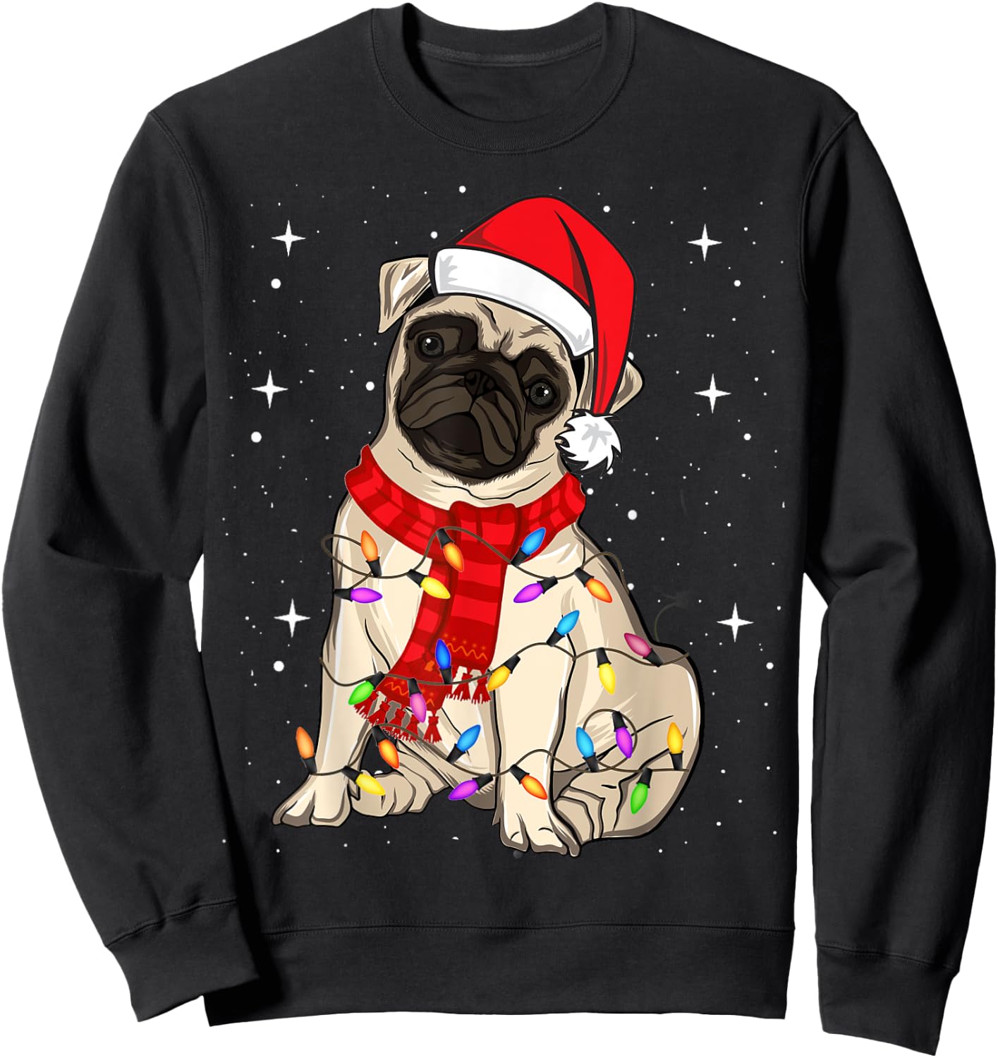 Pug Dogs Christmas Light Santa Hat Puggy Lover Xmas Sweatshirt - Sweatshirt | Black