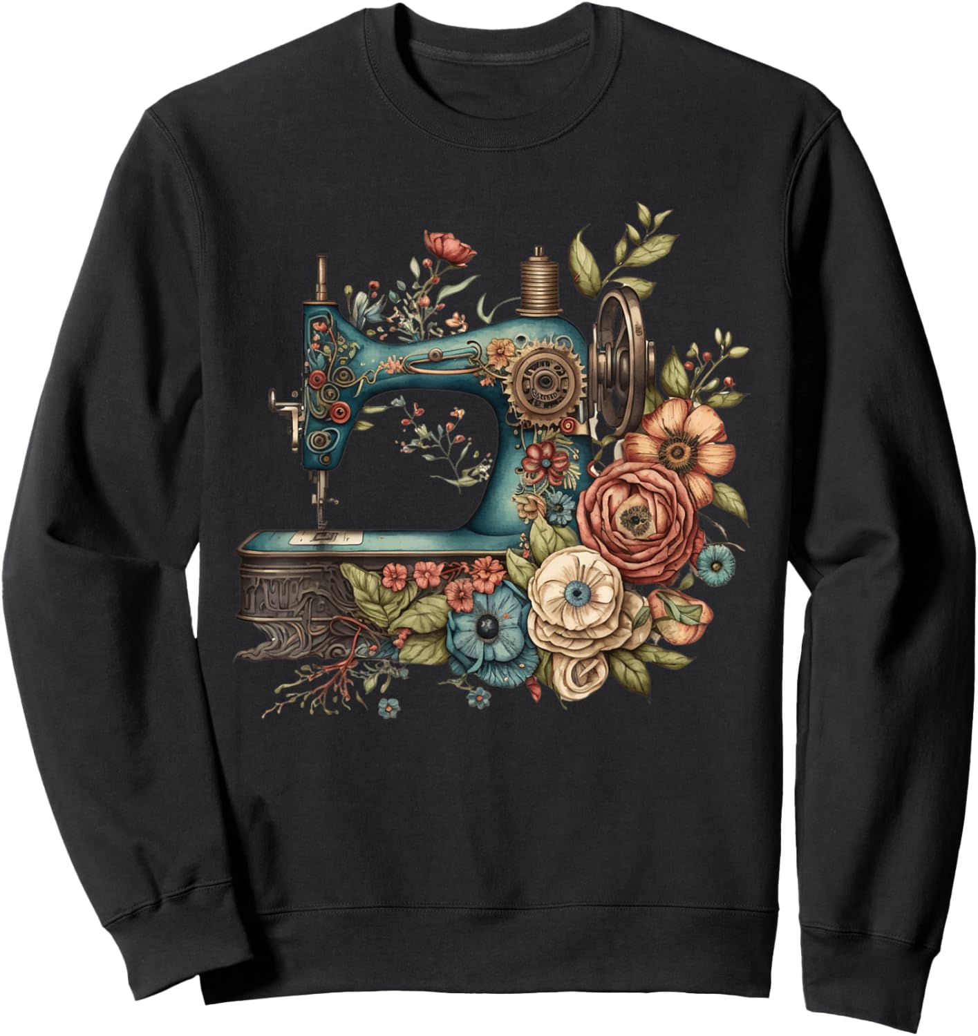 Floral Sewing Machine - Flower Seamstress Sewing Machine Sweatshirt - Sweatshirt | Black