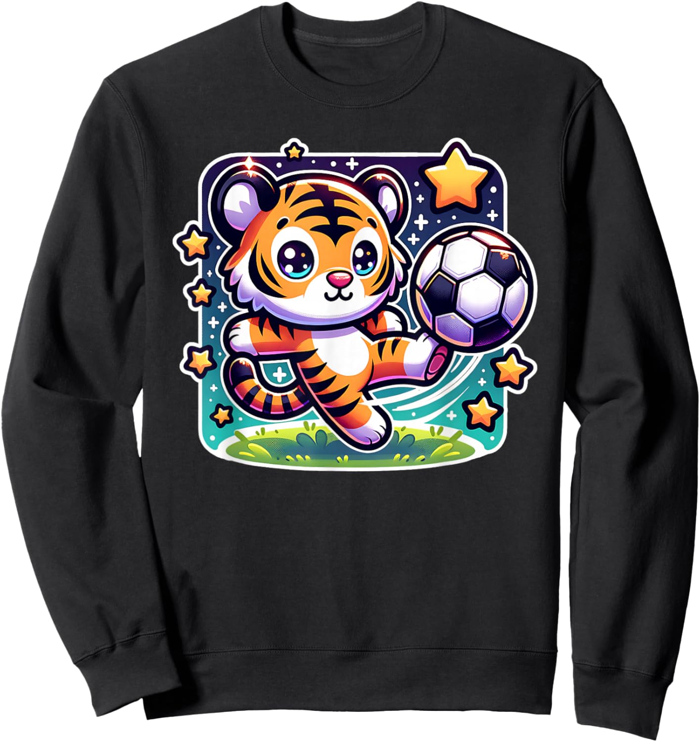 Soccer Player Tiger Cub Kicking Soccer Ball Cute Girls Boys Sweatshirt - Sweatshirt | Black