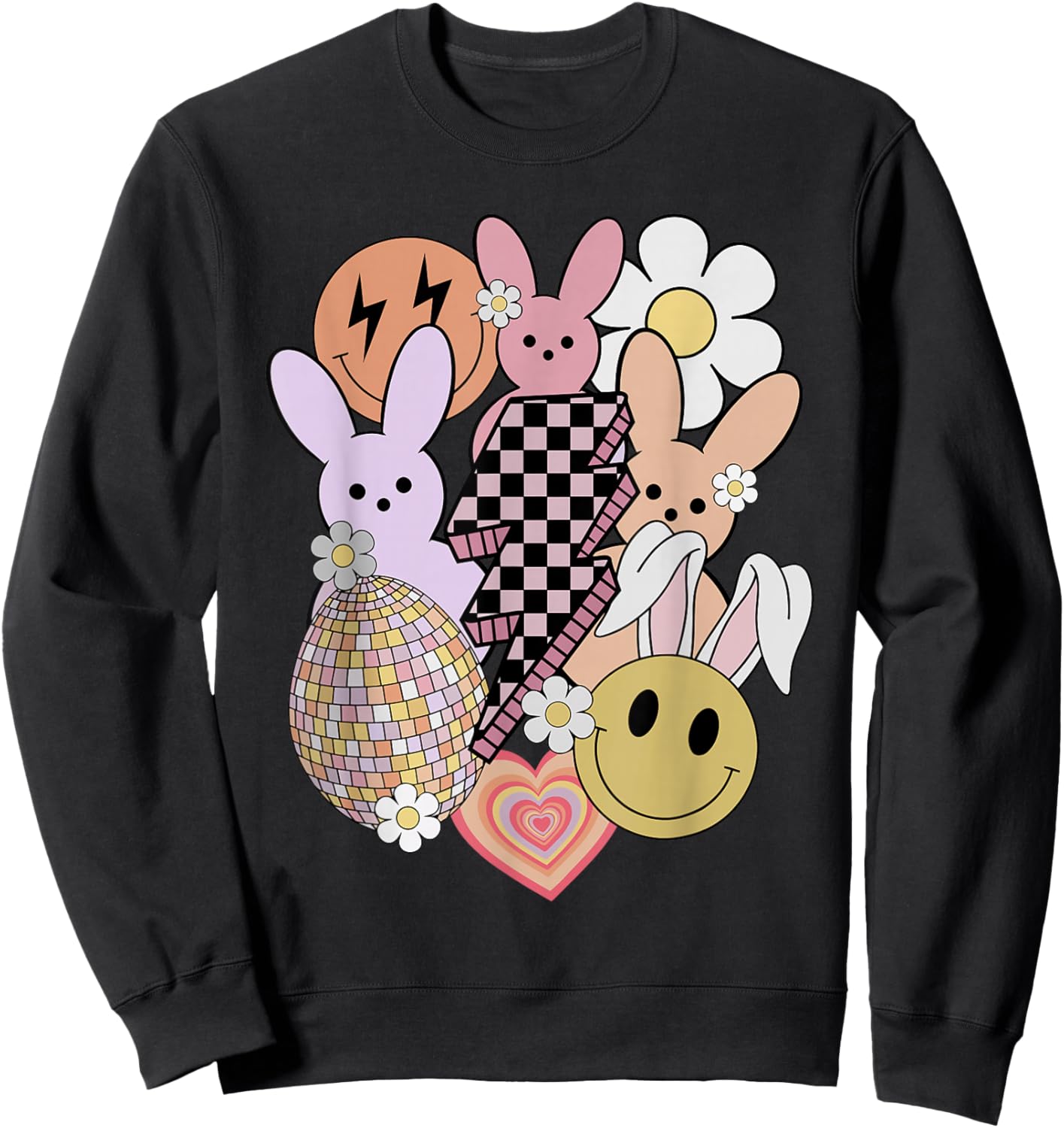 Retro Groovy Easter Vibes Smile Face Rabbit Bunny Women Girl Sweatshirt - Sweatshirt | Black