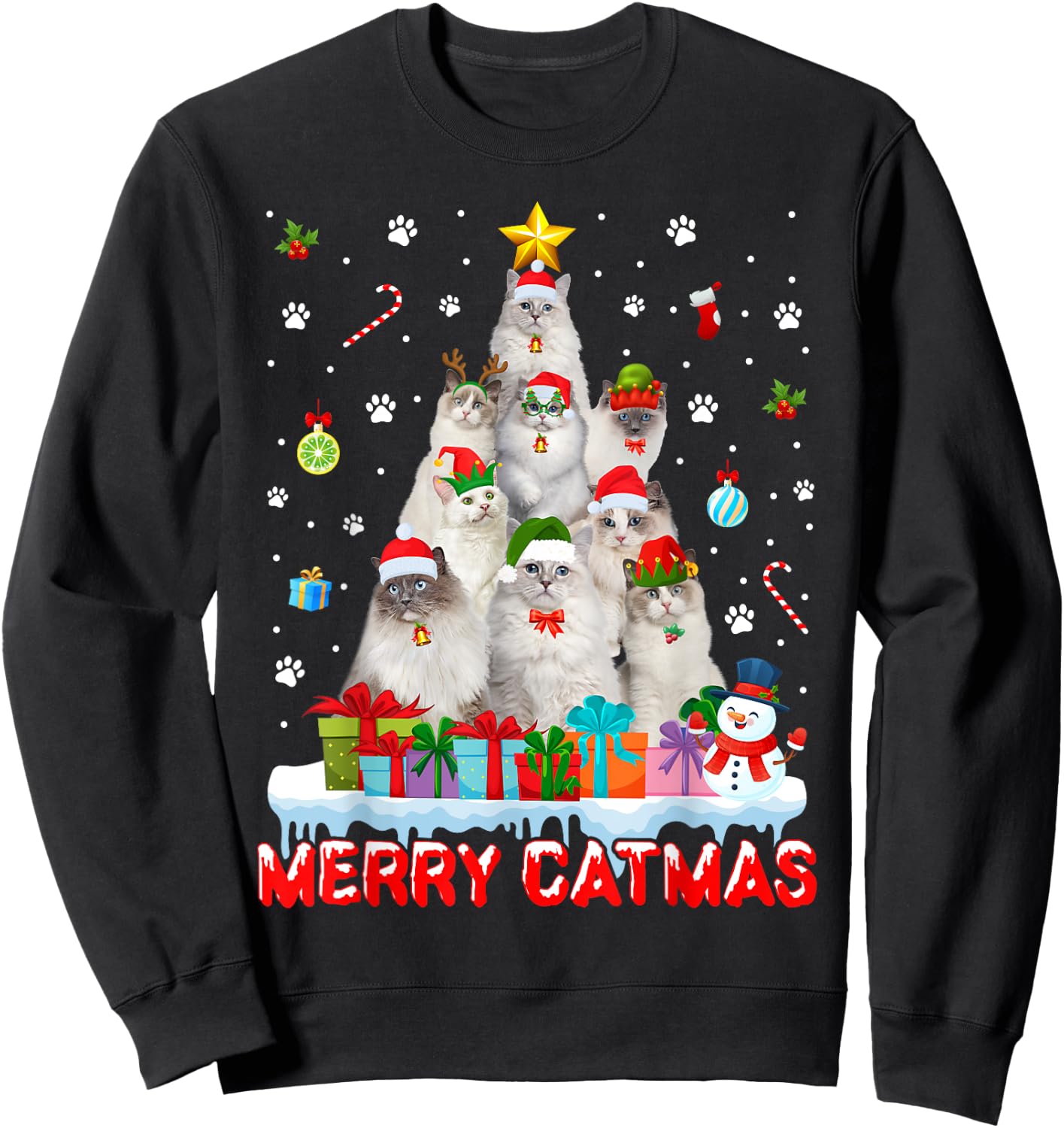 Funny Ragdoll Cat Lovers Cute Holiday Christmas Tree Sweatshirt - Sweatshirt | Black