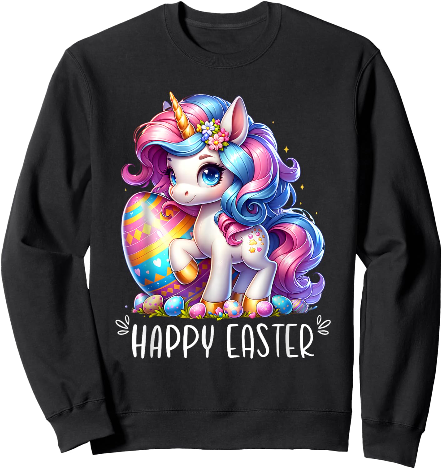 Unicorn Happy Easter Day Bunny Rainbow Egg Girls Kids Sweatshirt - Sweatshirt | Black