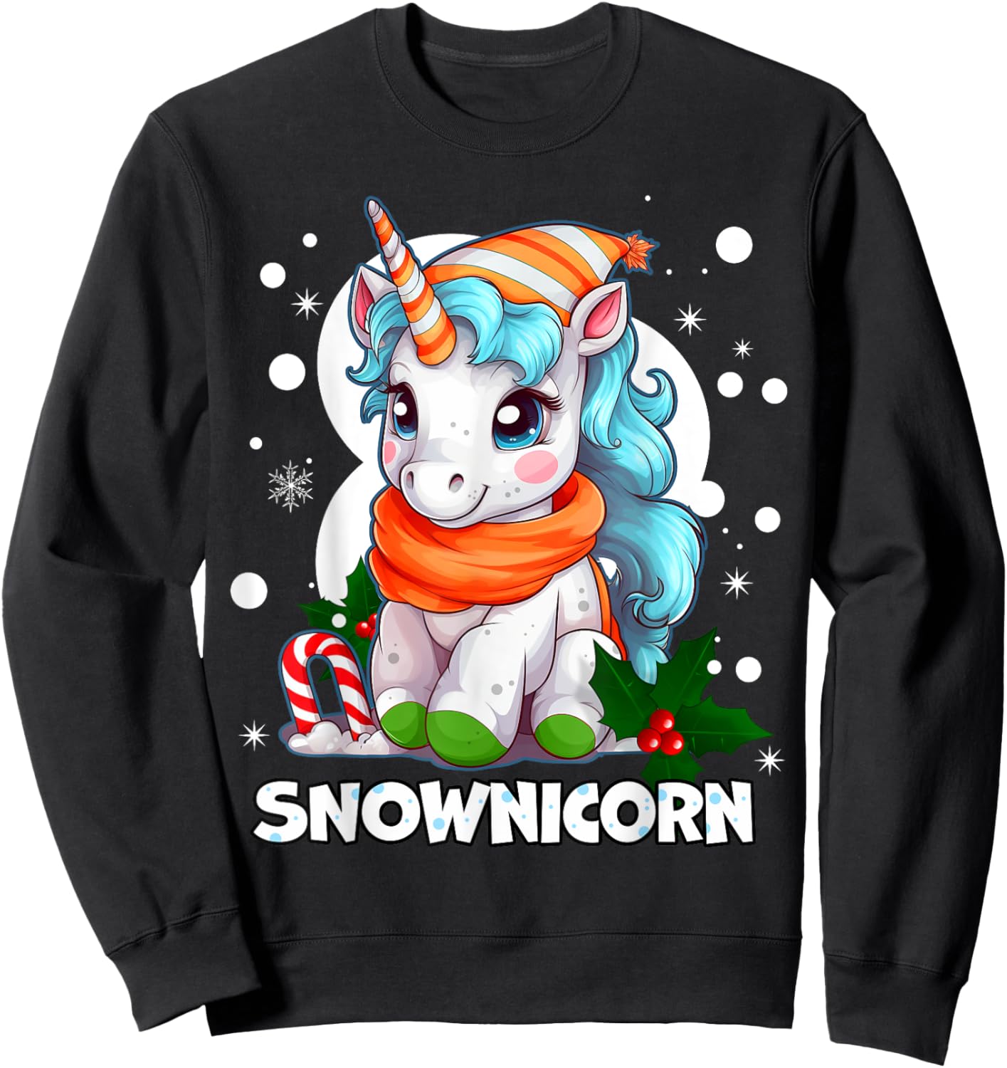 Snownicorn Cute Unicorn Snowman Christmas Girl Sweatshirt - Sweatshirt | Black