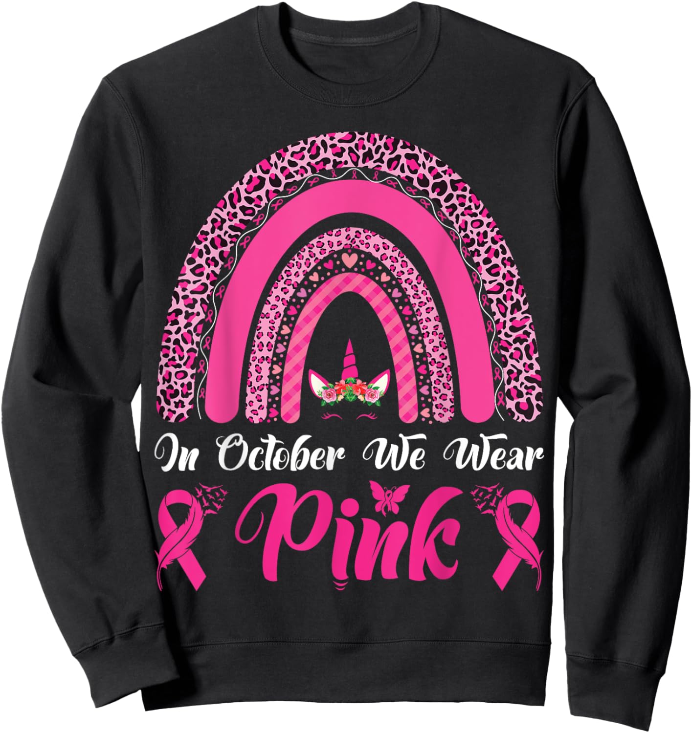 In October We Wear Pink Ribbon Unicorn Leopard Rainbow Sweatshirt - Sweatshirt | Black