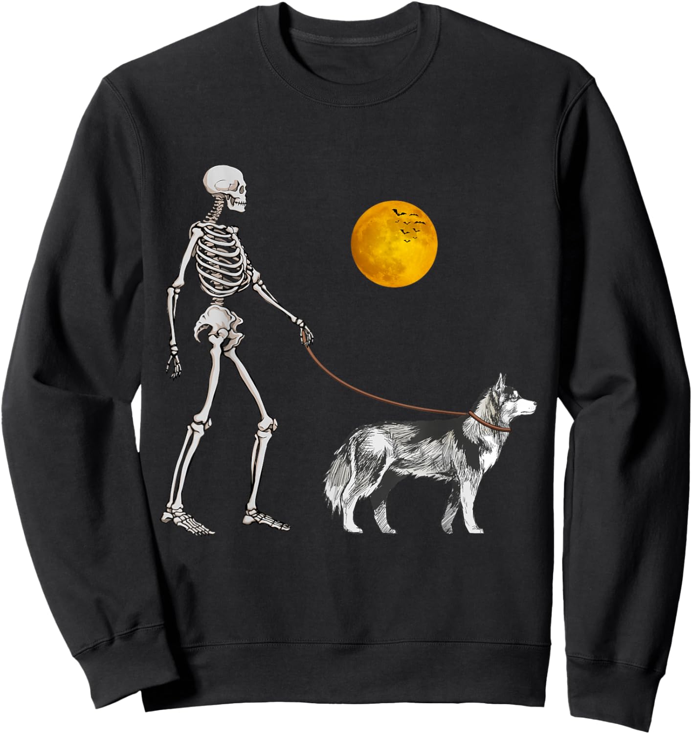 Siberian Husky Skeleton Dog Walking Halloween Costume Sweatshirt - Sweatshirt | Black
