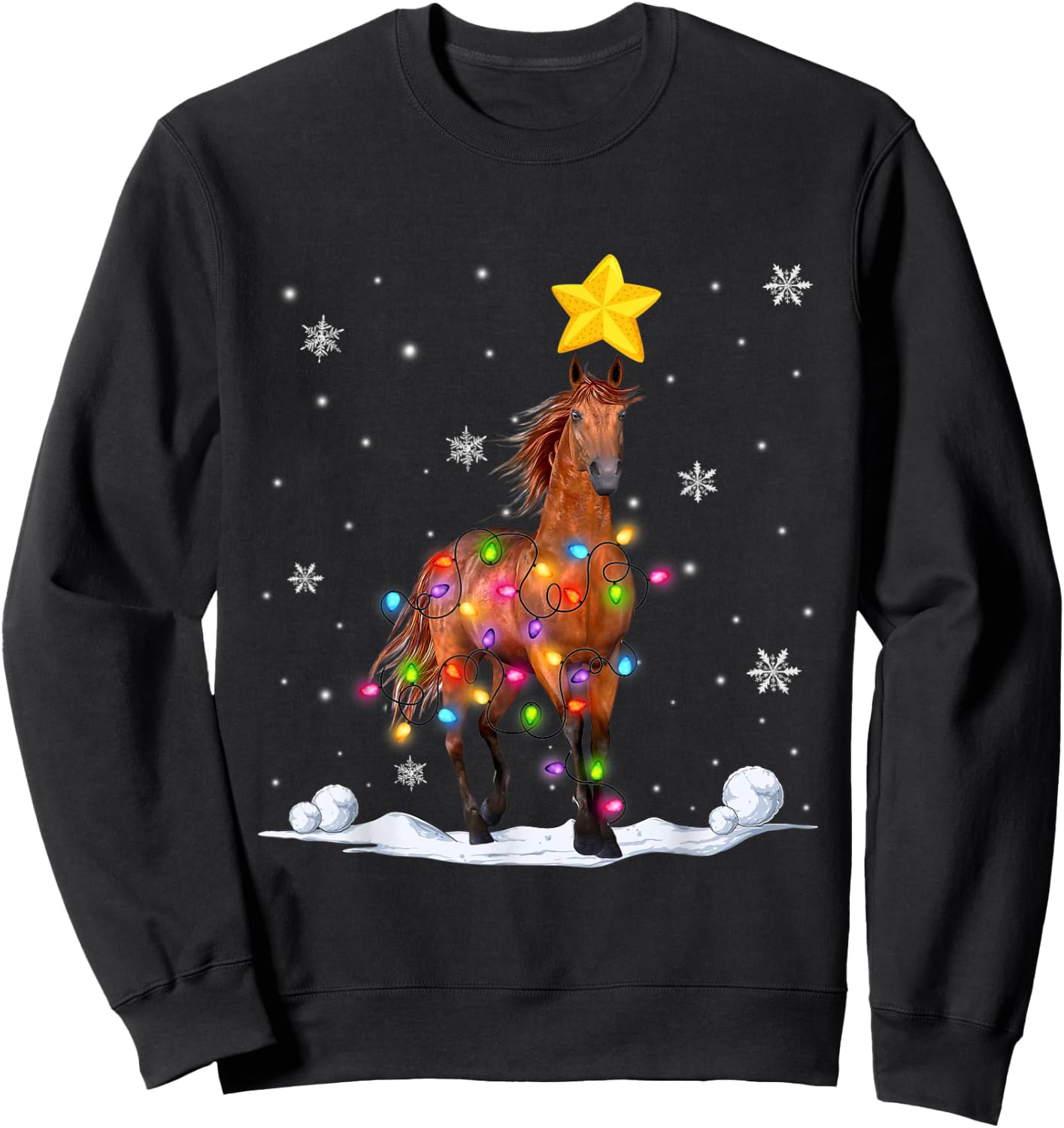 Funny Xmas Horse Animals Lover Christmas Tree Lights Sweatshirt - Sweatshirt | Black
