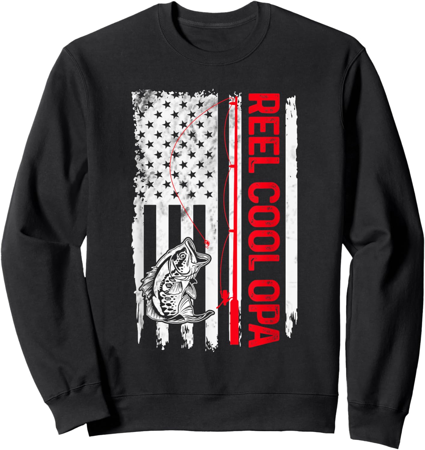 Reel Cool Opa Fishing American Flag Funny Grandpa Sweatshirt - Sweatshirt | Black
