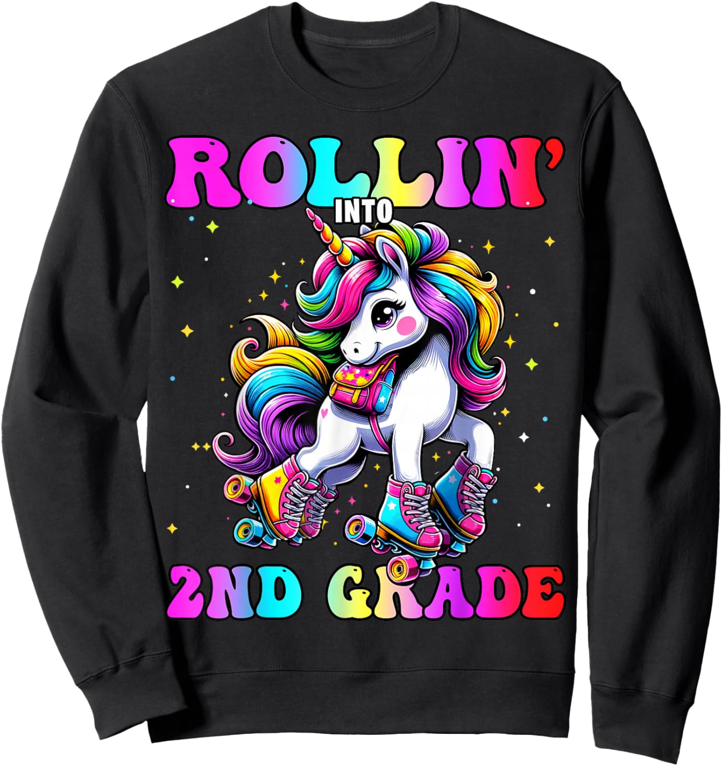 2nd Grade Back To School First Day Girl Rollin Unicorn Sweatshirt - Sweatshirt | Black