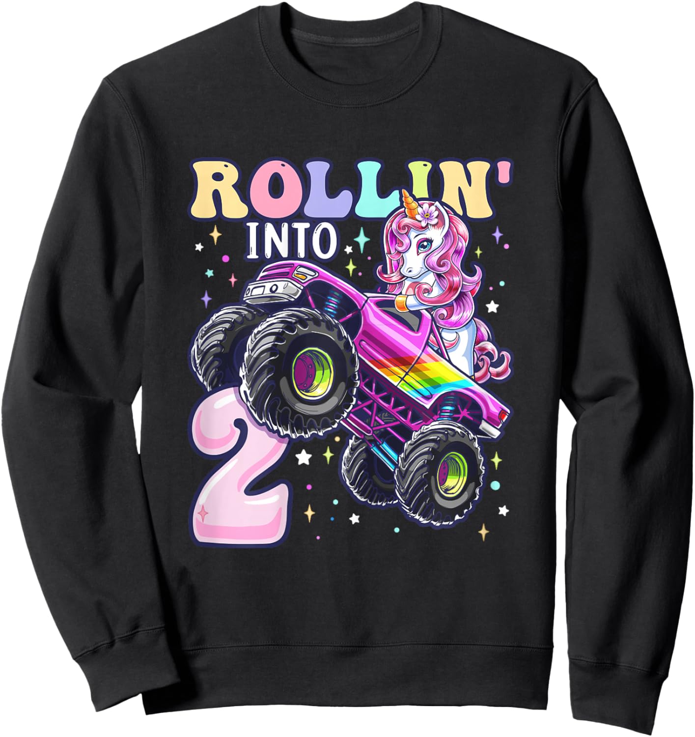 Unicorn Monster Truck 2nd Birthday 2 Year Old Girls Party Sweatshirt - Sweatshirt | Black