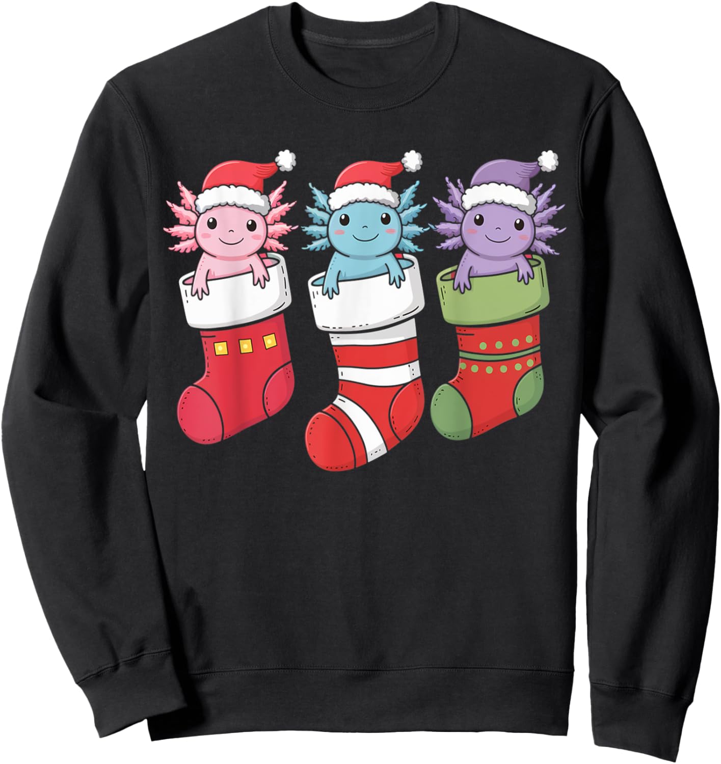 Axolotl Stocking Santa Hat Christmas Kawaii Holiday Xmas Sweatshirt - Sweatshirt | Black