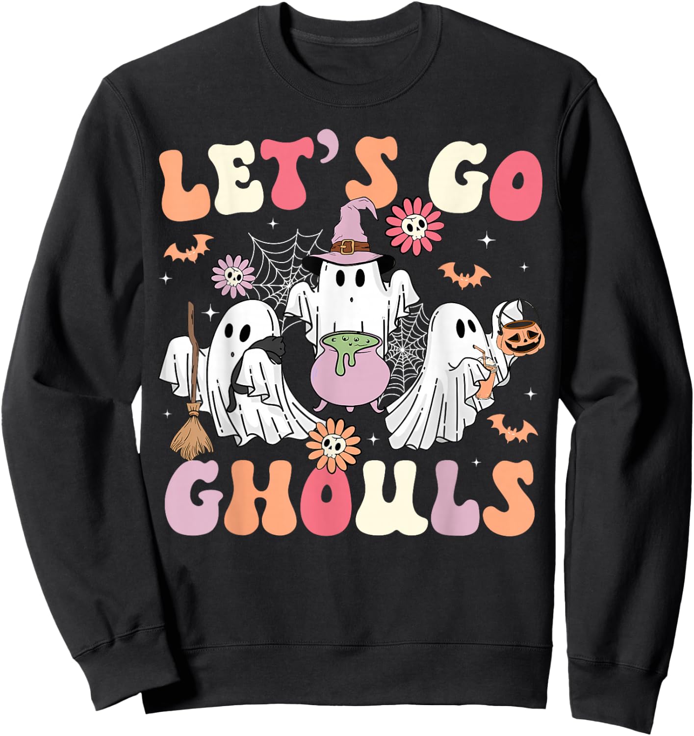 Let's Go Ghouls Halloween Costume Ghost Witch Groovy Retro Sweatshirt - Sweatshirt | Black