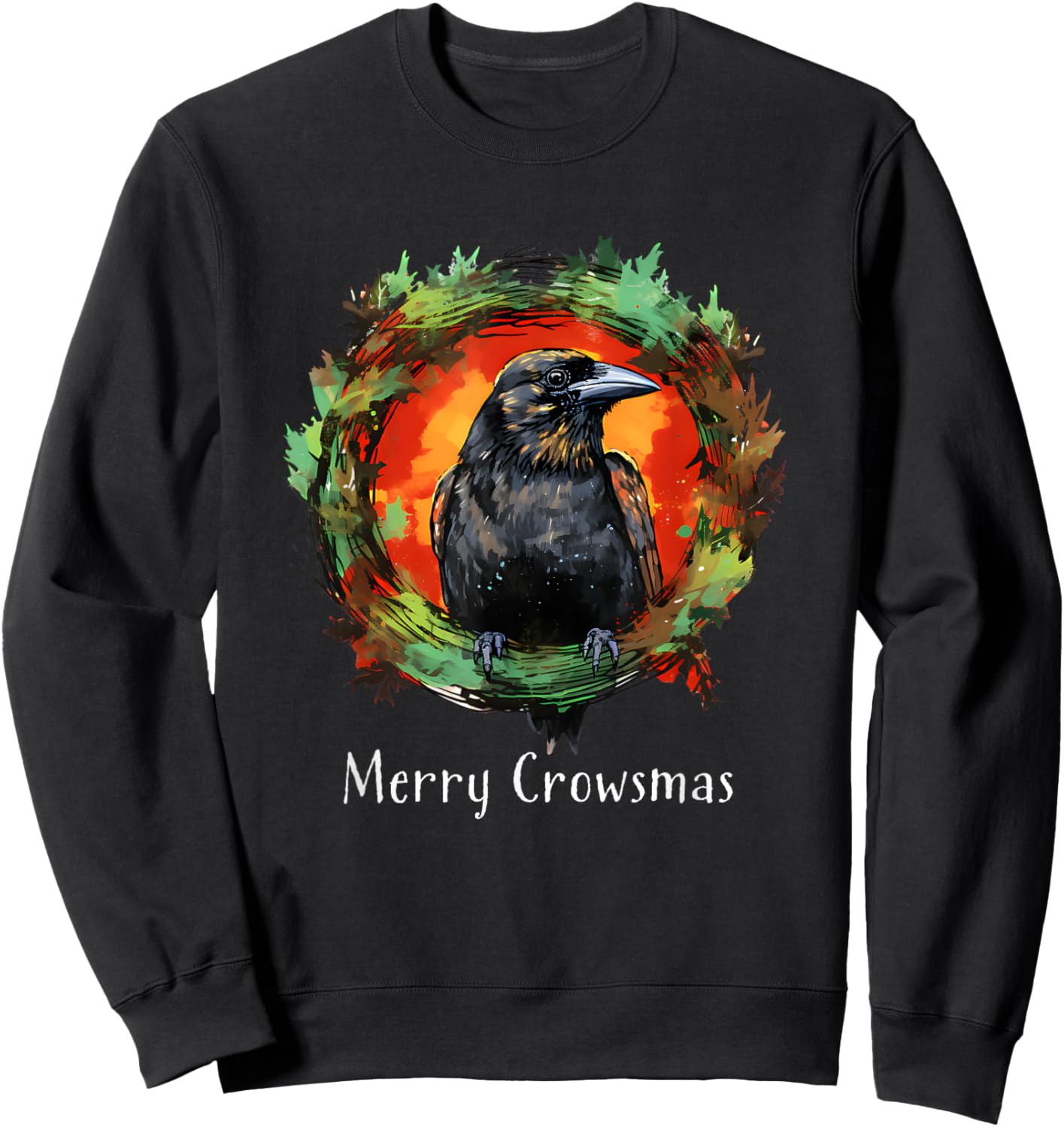 Humorous Holiday Designs For Christmas Lovers Funny Christmas Wreath Crow Corvid 'Merry Crowsmas' Holiday Sweatshirt - Sweatshirt | Black