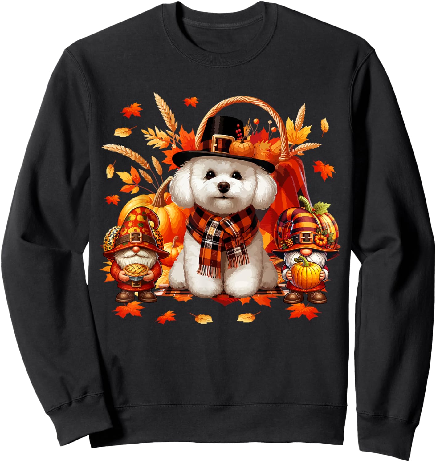 Thanksgiving Bichon Frise With Gnomes Fall Leaves Pumpkins Sweatshirt - Sweatshirt | Black