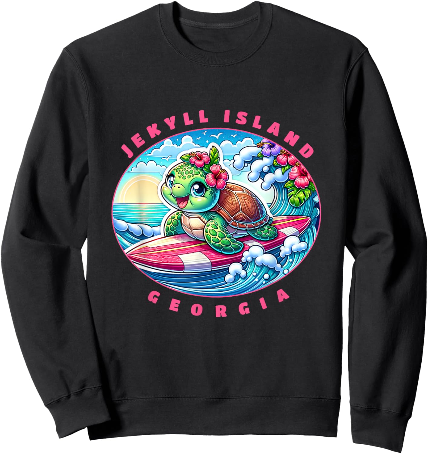 Jekyll Island Georgia Girls Cute Surfing Sea Turtle Sweatshirt - Sweatshirt | Black