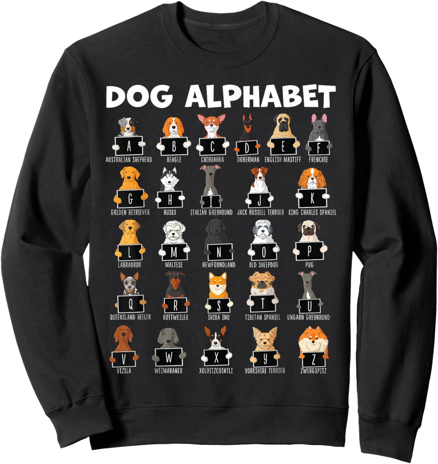 Types Of Dogs Alphabet A-Z ABC Dog Identification Women Girls Kids Sweatshirt - Sweatshirt | Black