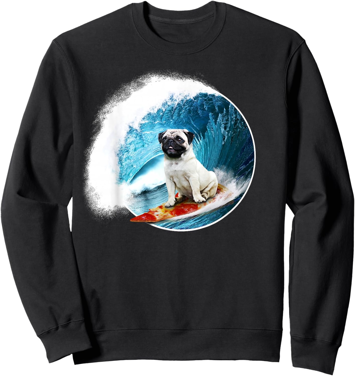 Funny Pug - Surfing Pug riding a ocean Wave on a Pizza Sweatshirt - Sweatshirt | Black