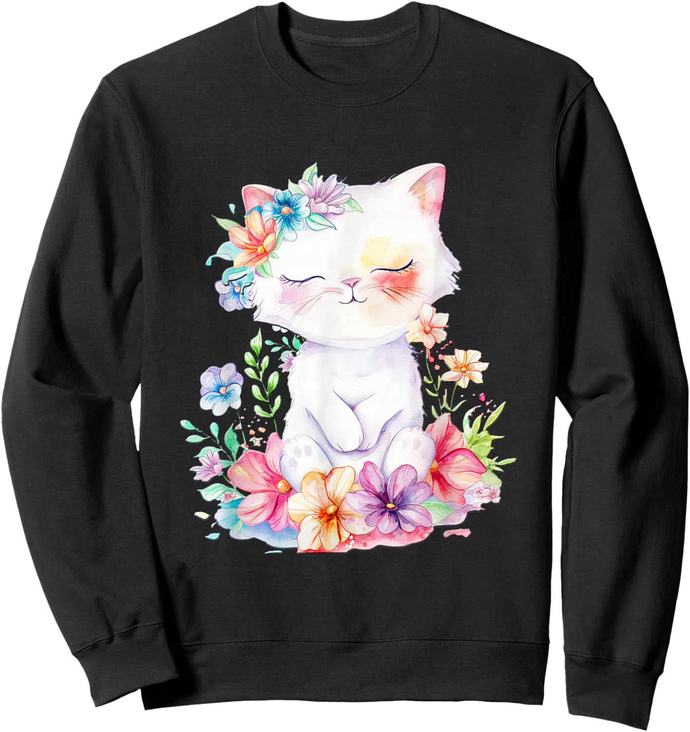 Cat with Flowers Cute Cats Forest Kitten Animal Daughter Sweatshirt - Sweatshirt | Black