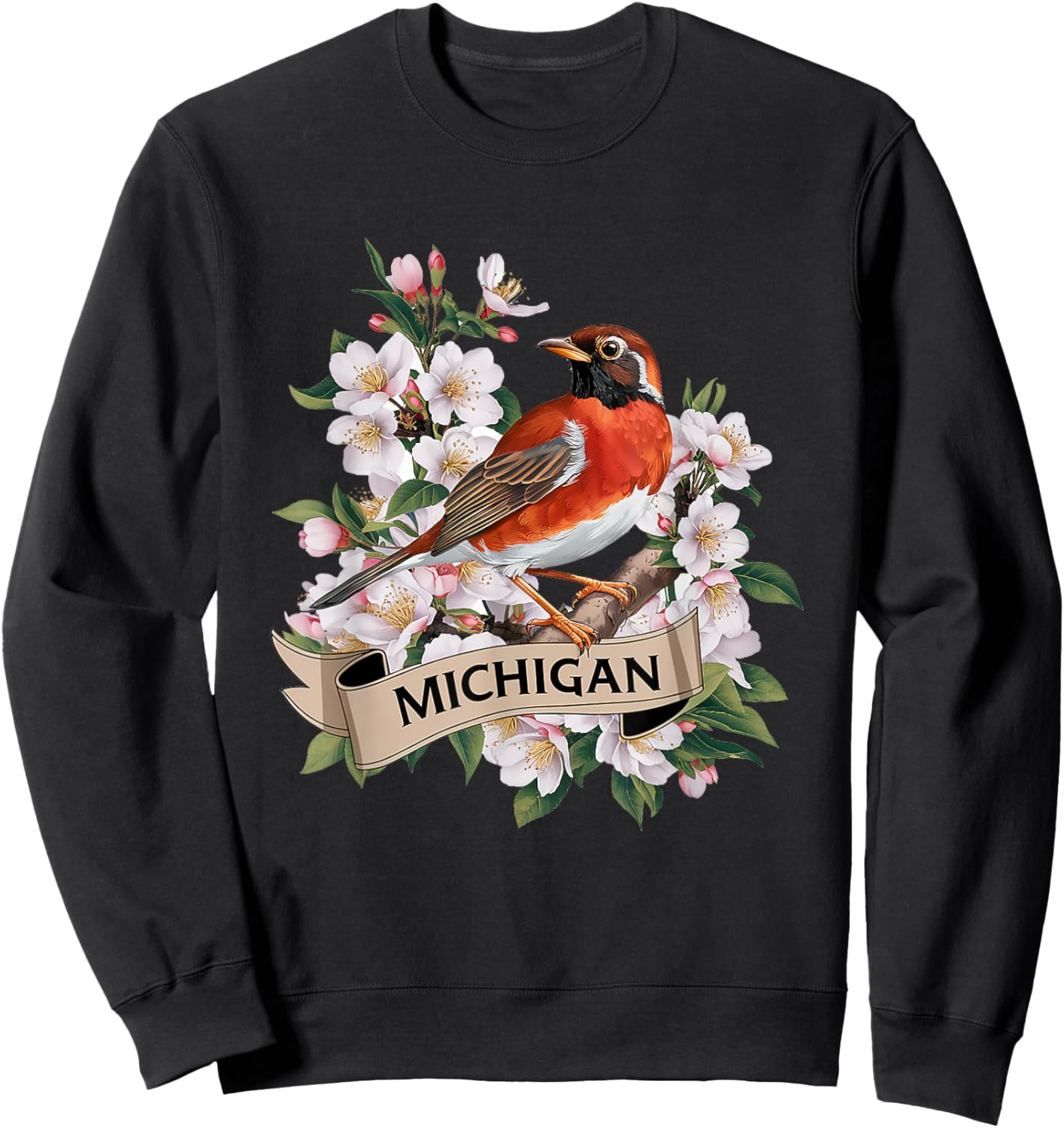 Michigan American Robin Bird and Apple Blossom Flower Sweatshirt - Sweatshirt | Black