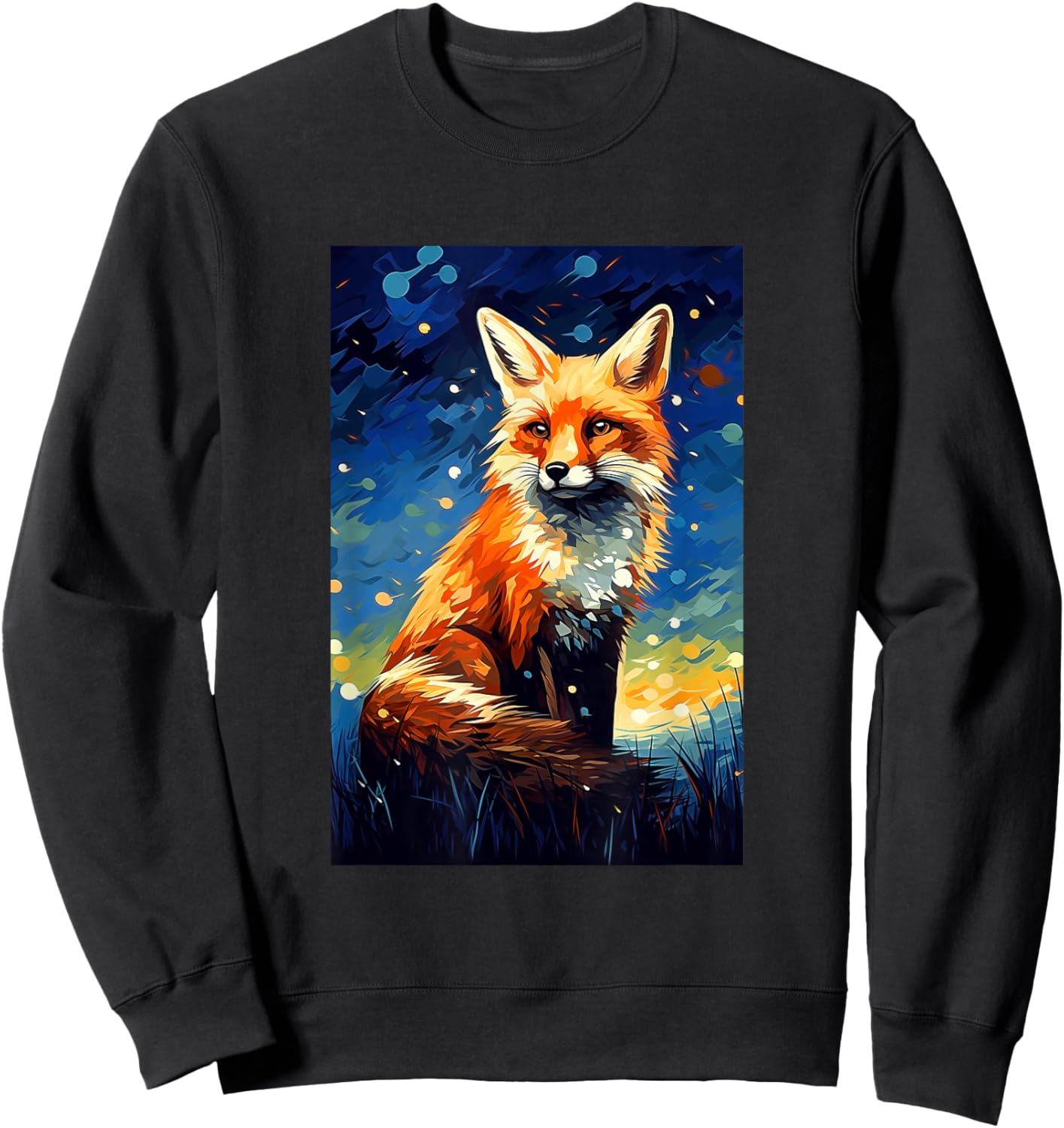 Cute Fox Van Gogh Style Starry Night Graphic Sweatshirt - Sweatshirt | Black