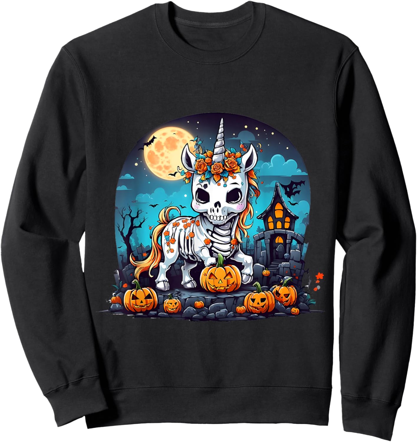 Cute Halloween Skeleton Unicorn Girls Women Witchy Halloween Sweatshirt - Sweatshirt | Black
