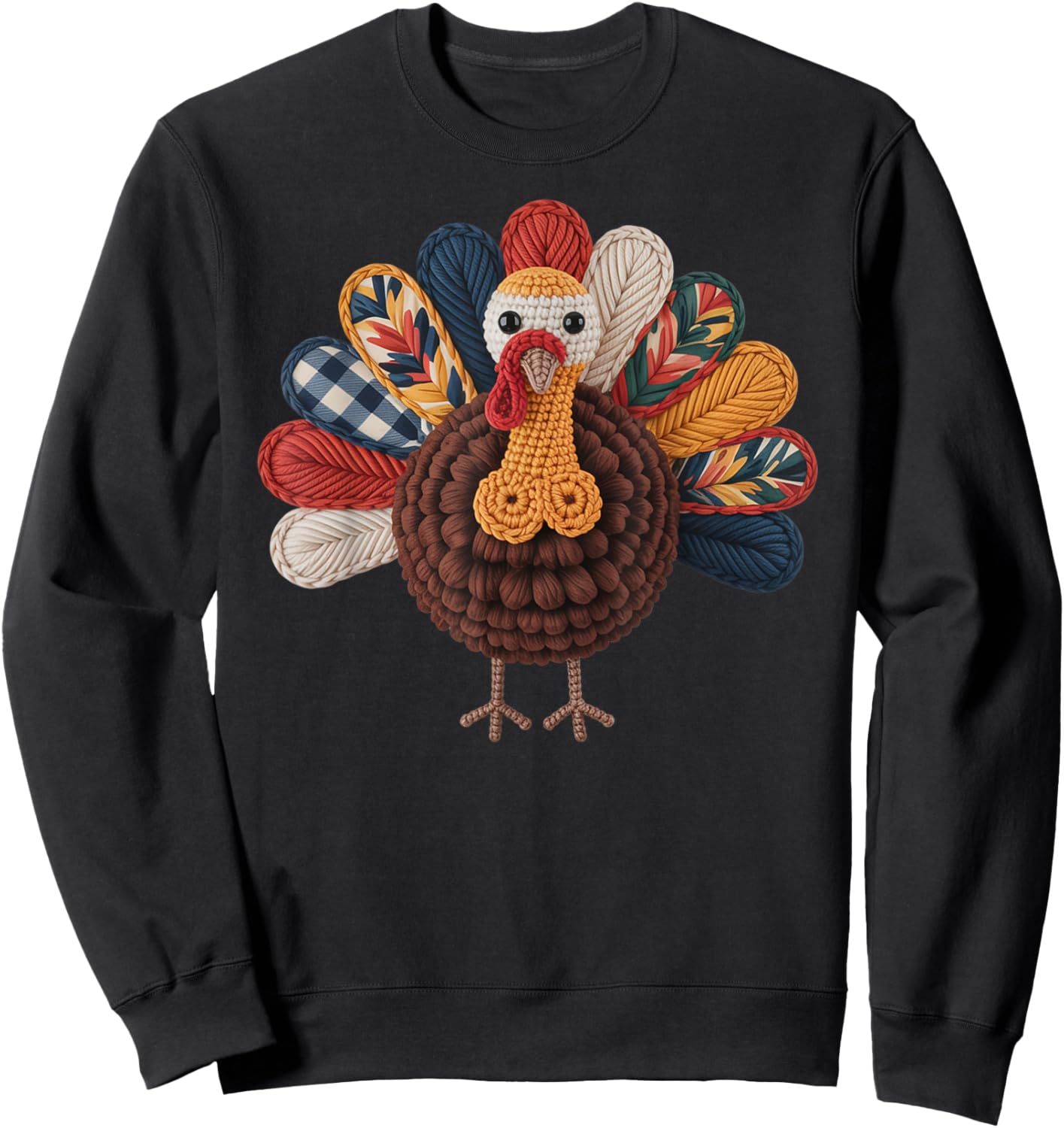Crochet Turkey Thanksgiving Fall Cute Family Holiday Yarn Sweatshirt - Sweatshirt | Black