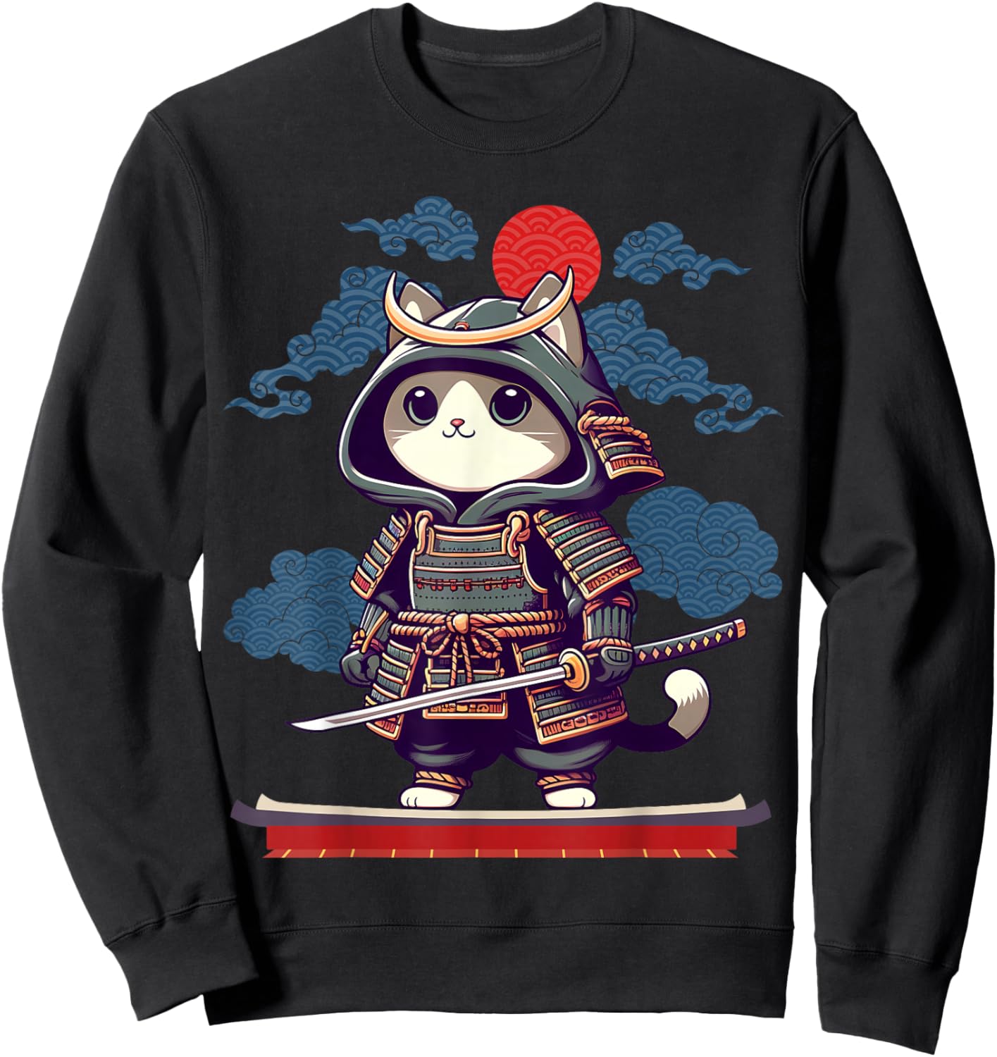 Japanese Samurai Cat Tattoo Kawaii Ninja Cat Anime Cute Kids Sweatshirt - Sweatshirt | Black