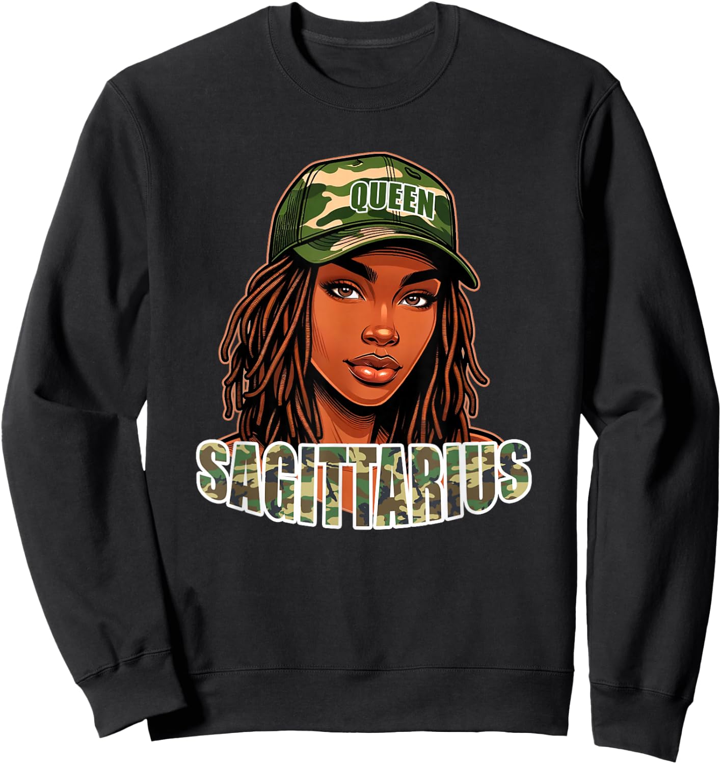 Sagittarius Queen Camo Hat Locs Birthday Black Woman Sweatshirt - Sweatshirt | Black