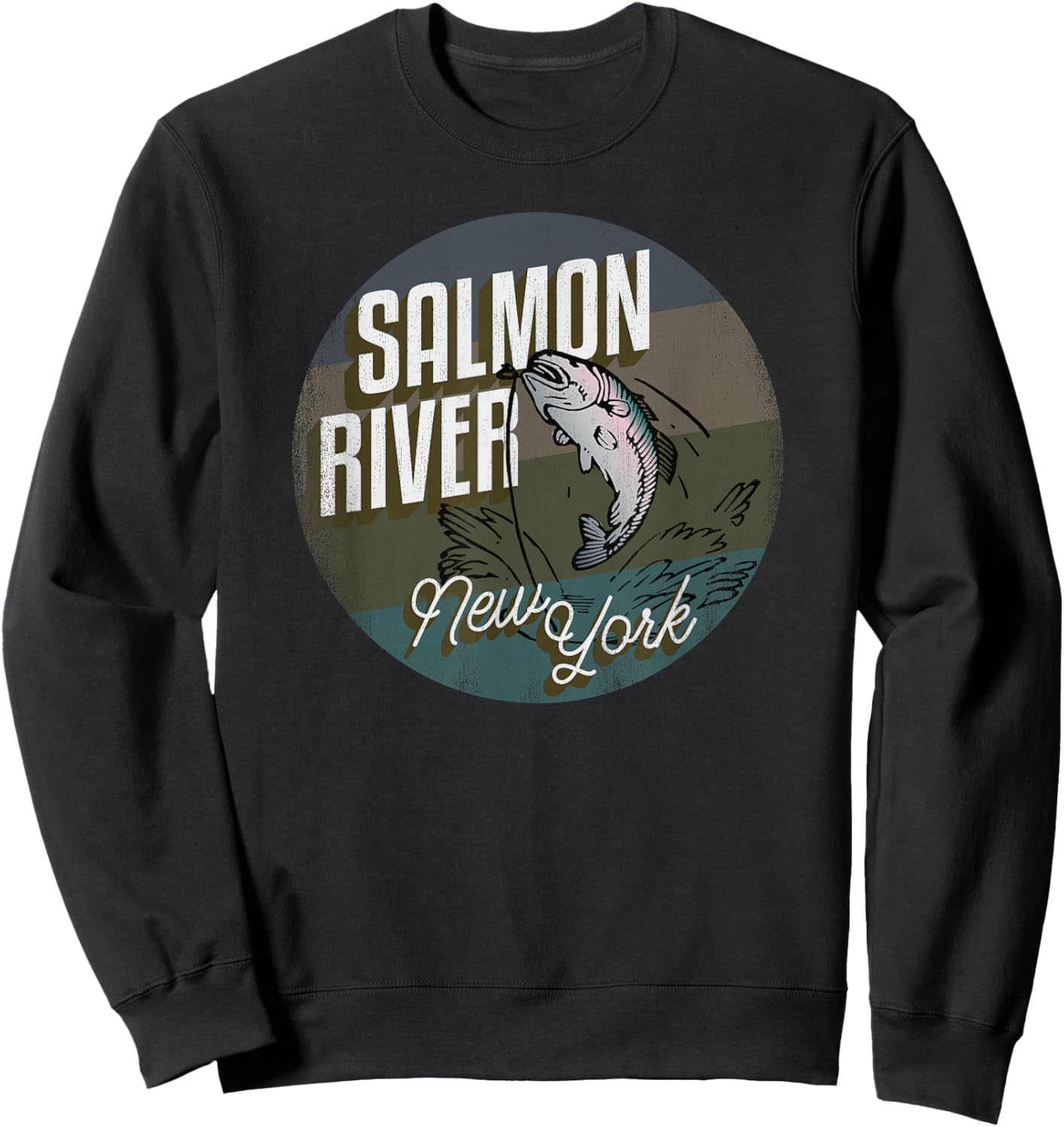 Salmon River NY Souvenir Fishing Vintage Style Salmon Sweatshirt - Sweatshirt | Black