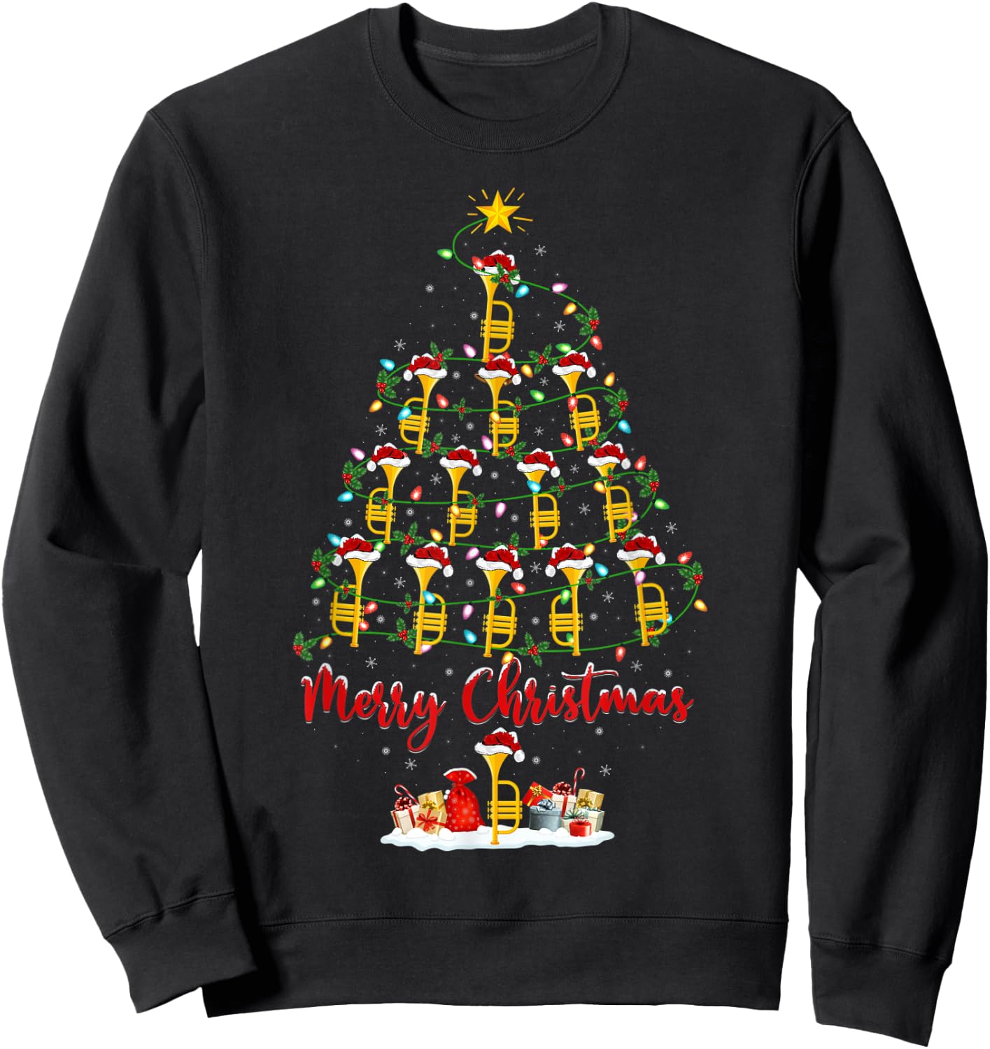 Trumpet Christmas Tree Lights Funny Trumpet Xmas Sweatshirt - Sweatshirt | Black