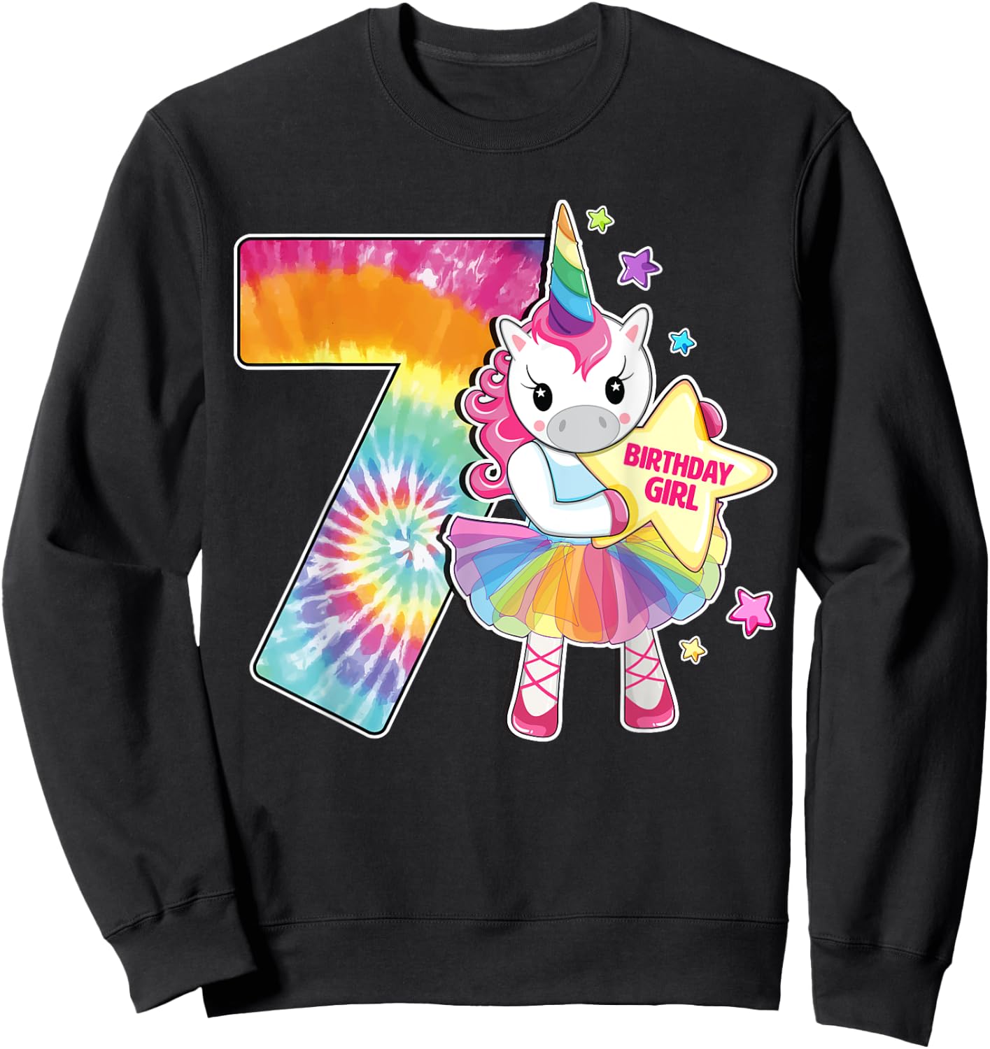 7th Birthday Unicorn Shirt Gift Girls Age 7 Tie Dye Sweatshirt - Sweatshirt | Black