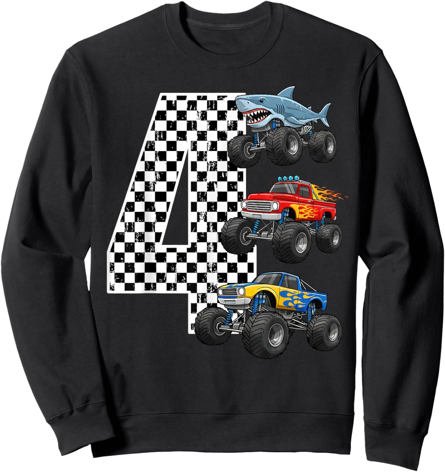 Birthday Monster Truck 4 Year Old Boys 4th Party Sweatshirt - Sweatshirt | Black