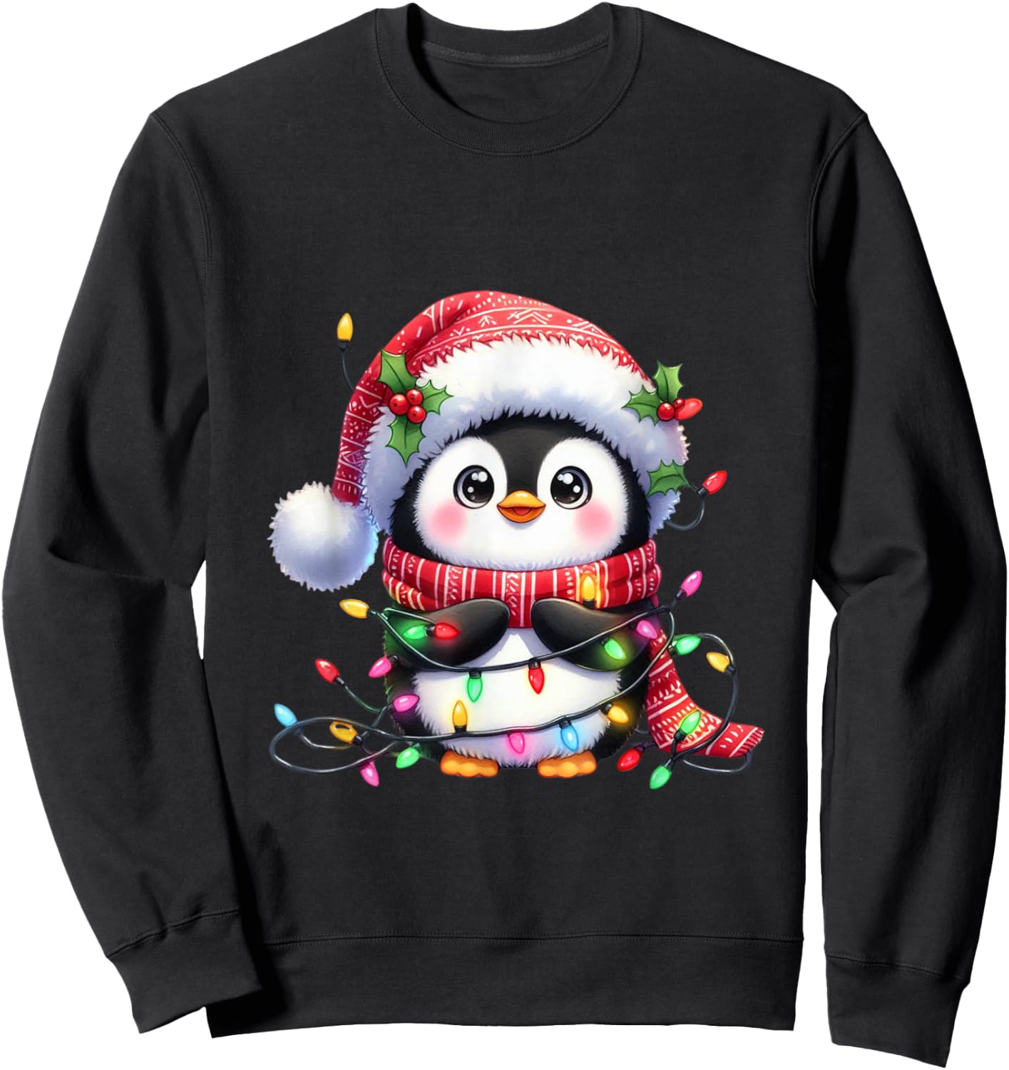 Penguin Christmas Lights Santa Hat Xmas Penguin Lover Sweatshirt - Sweatshirt | Black