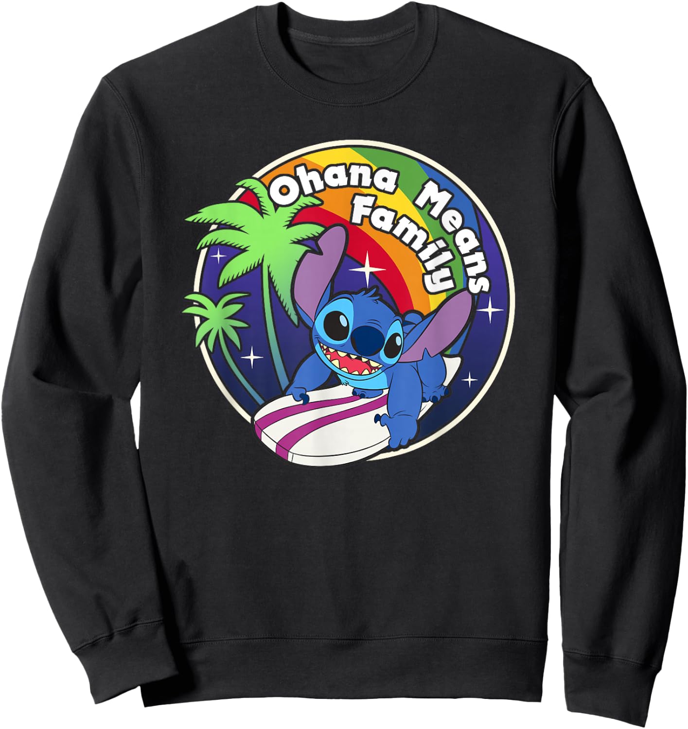 Disney Lilo & Stitch Rainbow Surf Stitch Ohana Means Family Sweatshirt - Sweatshirt | Black