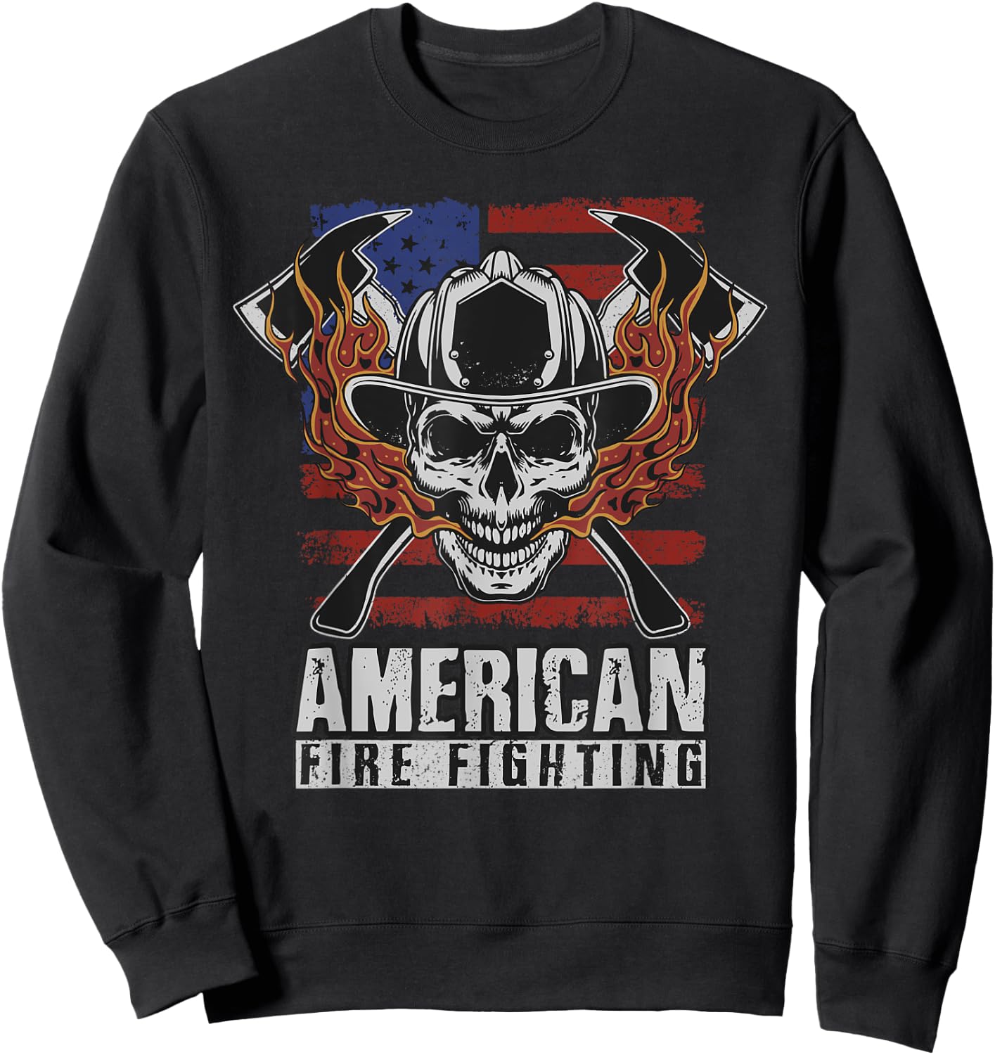 Funny Firefighter Gift Patriotic American Flag Fireman Skull Sweatshirt - Sweatshirt | Black