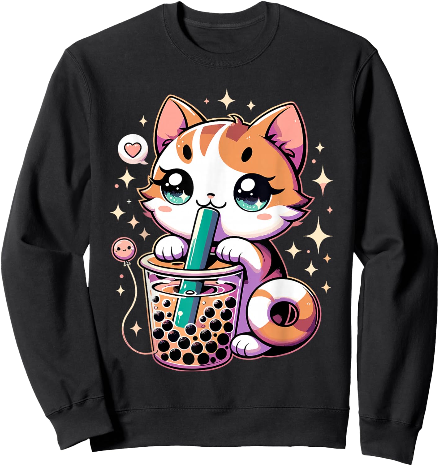 Cat Boba Japanese Kawaii Anime Kitty Bubble Tea Neko Teen Sweatshirt - Sweatshirt | Black