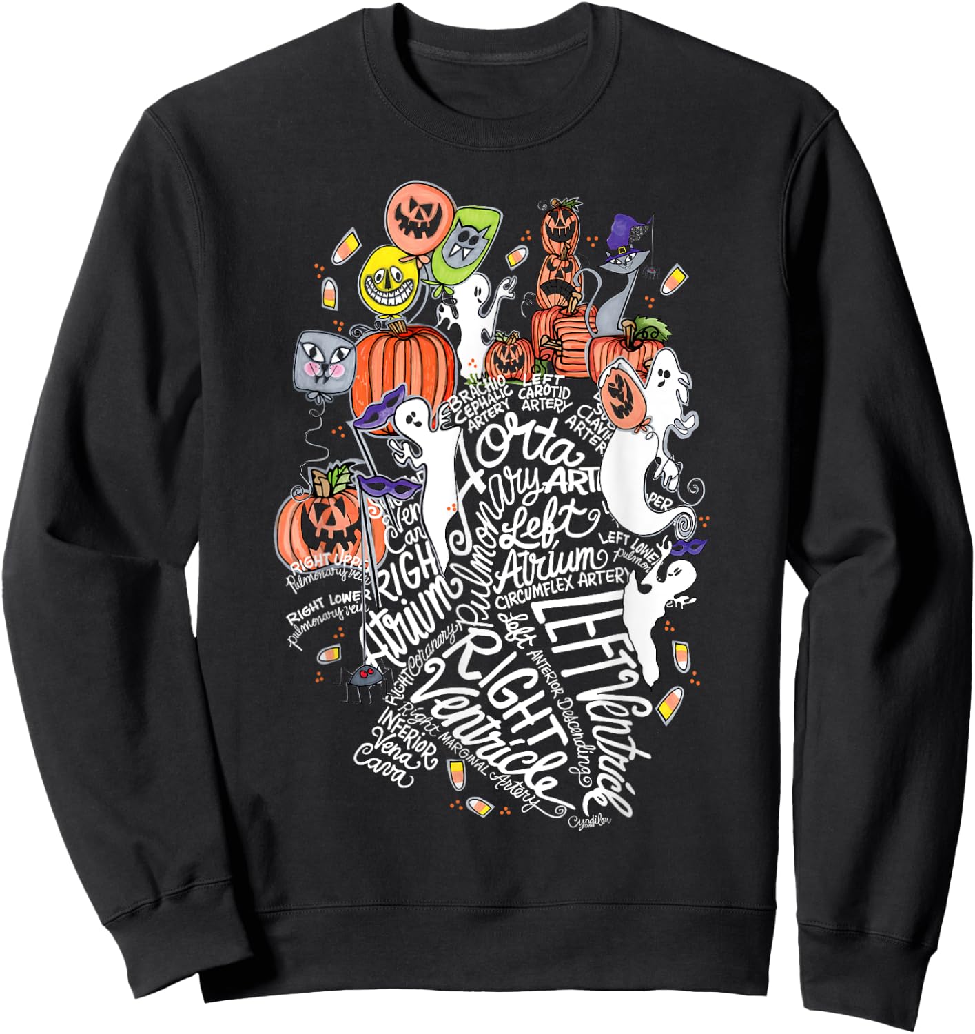 Anatomical Heart Halloween Medical White Word Cloud Line Art Sweatshirt - Sweatshirt | Black