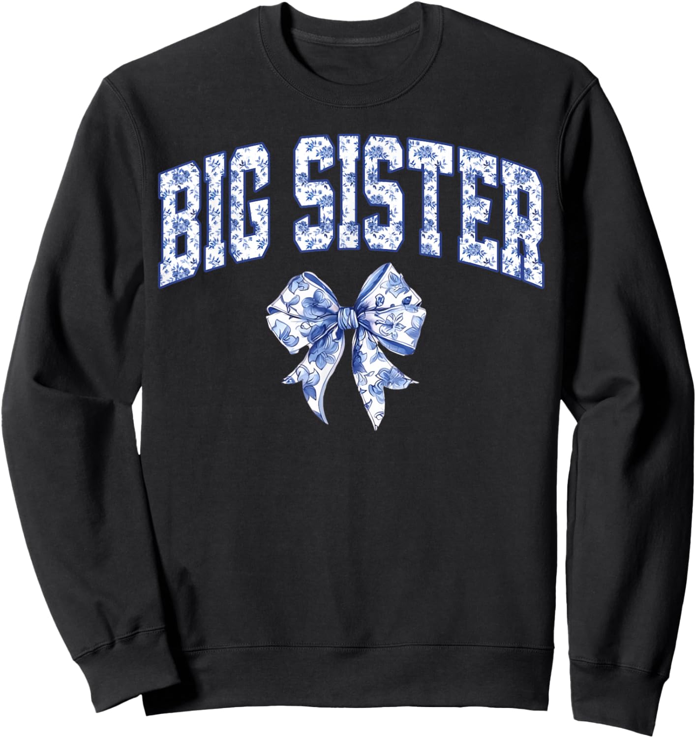Big Sister Coquette Toile Blue Bow Floral Family Matching Sweatshirt - Sweatshirt | Black