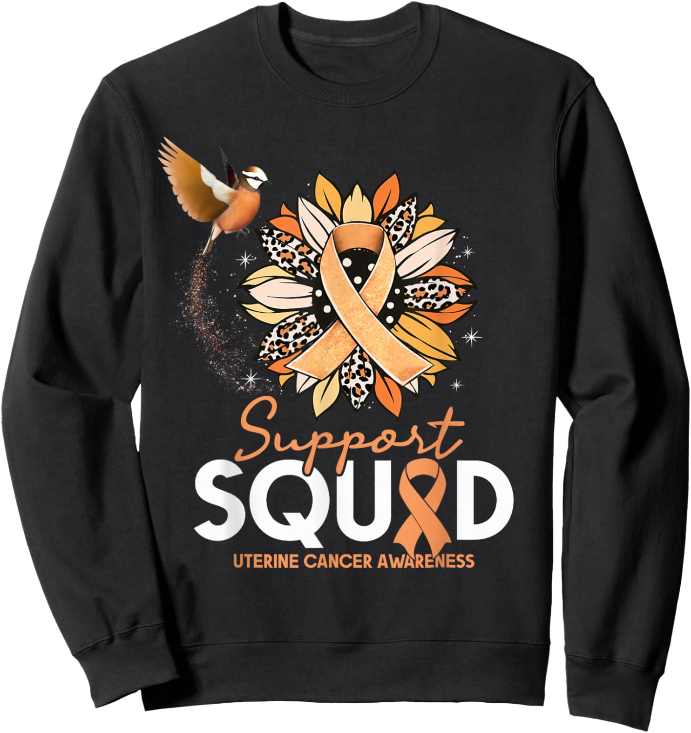 Support Squad Sunflower Hummingbird Uterine Cancer Awareness Sweatshirt - Sweatshirt | Black