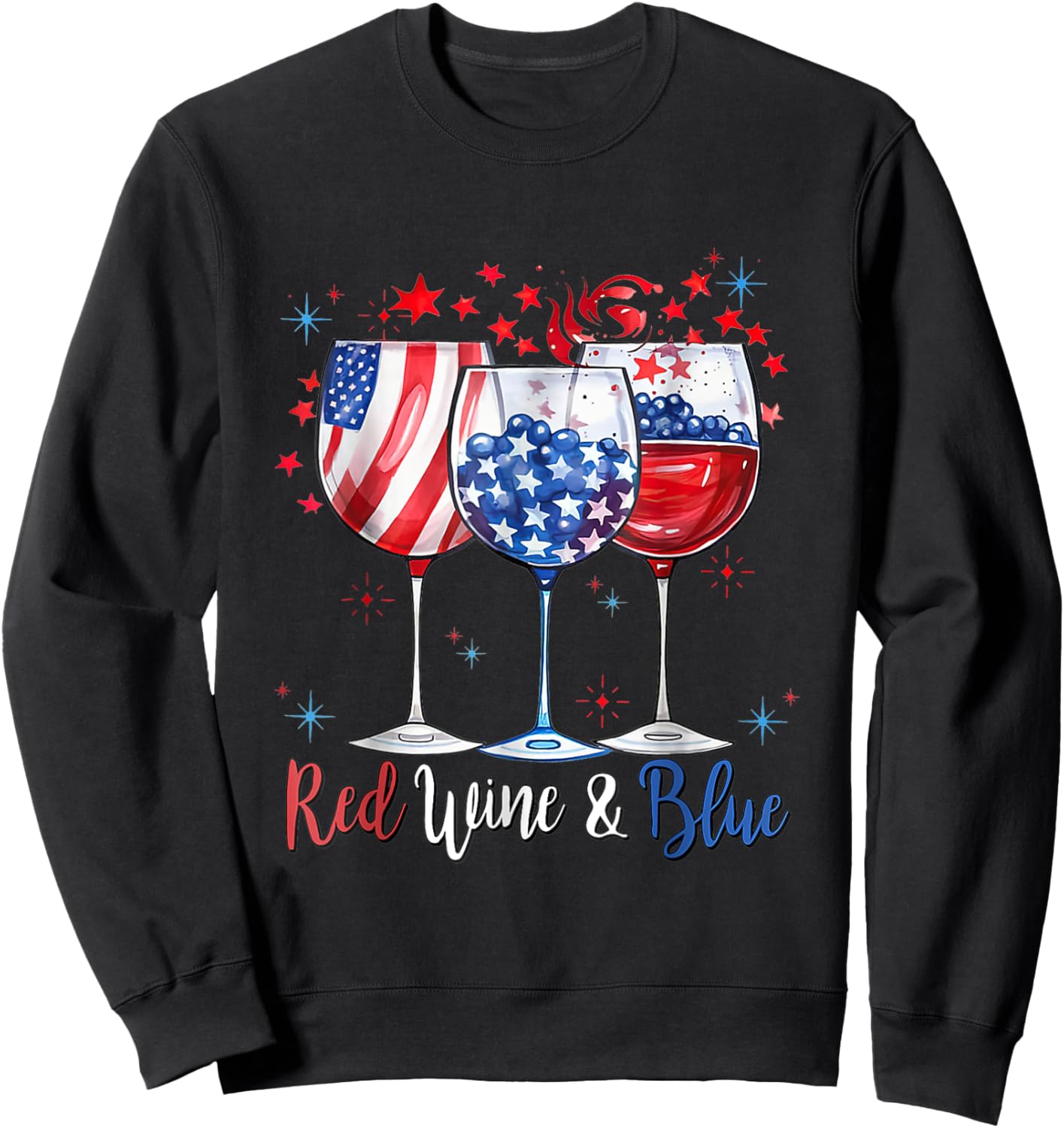 Red Wine & Blue 4th Of July Wine Glasses American Flag Men Sweatshirt - Sweatshirt | Black