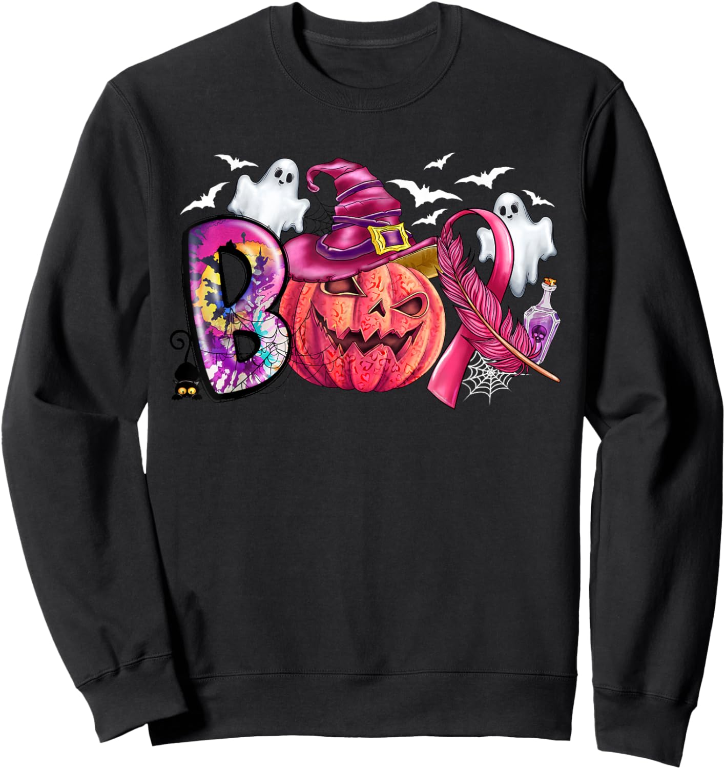 Boo Halloween Pumpkin Pink Ribbon Witch Breast Cancer Ribbon Sweatshirt - Sweatshirt | Black