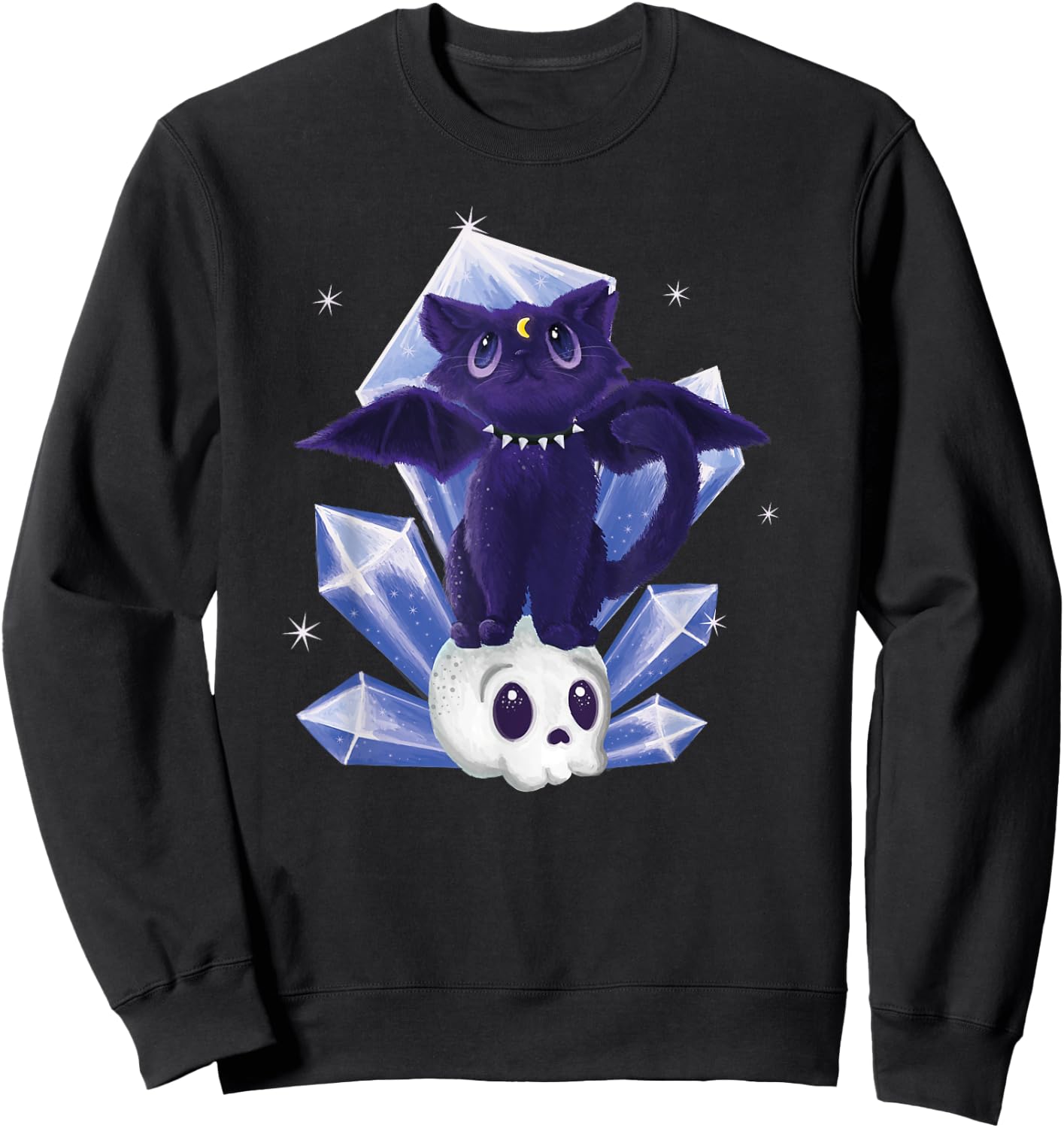 Kawaii Pastel Goth Cute Creepy Witchy Cat and Skull Sweatshirt - Sweatshirt | Black