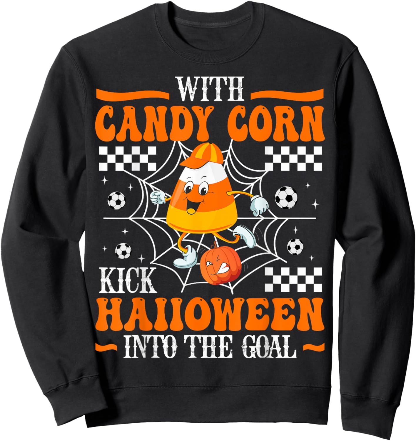 Candy Corn Soccer Play Scary Football Pumpkin Cute Halloween Sweatshirt - Sweatshirt | Black