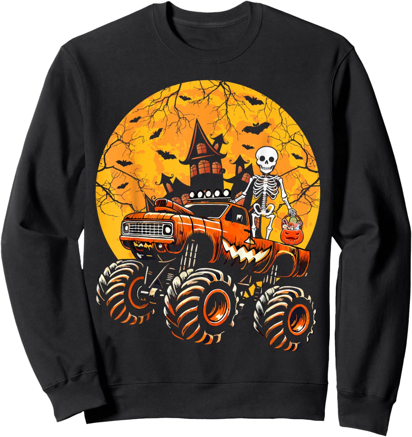 Halloween Skeleton Riding Monster Truck Pumpkin Boys Kids Sweatshirt - Sweatshirt | Black