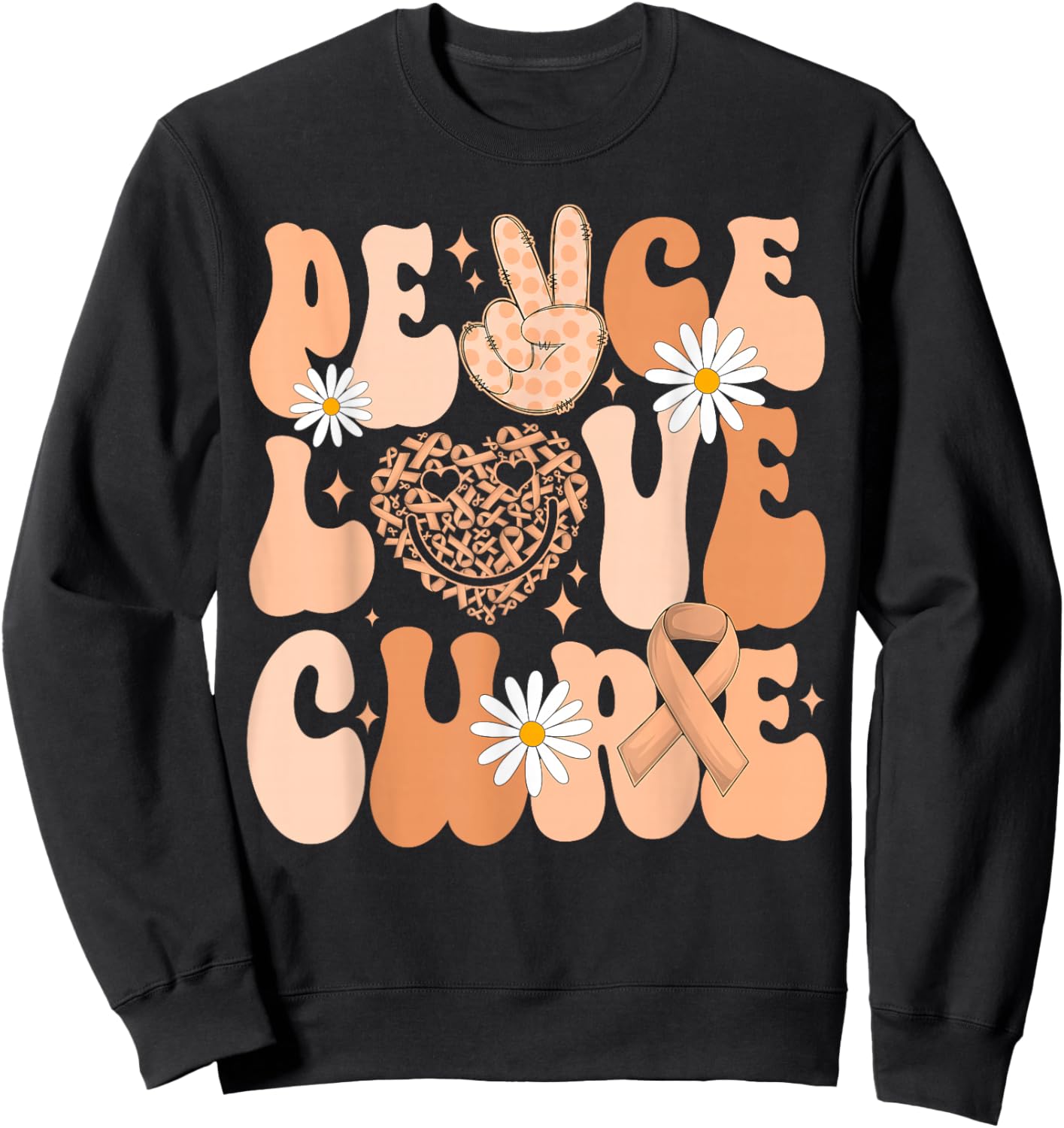 Retro Groovy Peace Love Cure Uterine Cancer Awareness Month Sweatshirt - Sweatshirt | Black