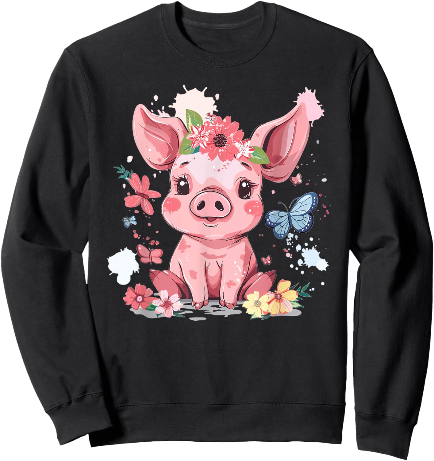 Cute Pig With Flowers I Kids Pig Sweatshirt - Sweatshirt | Black