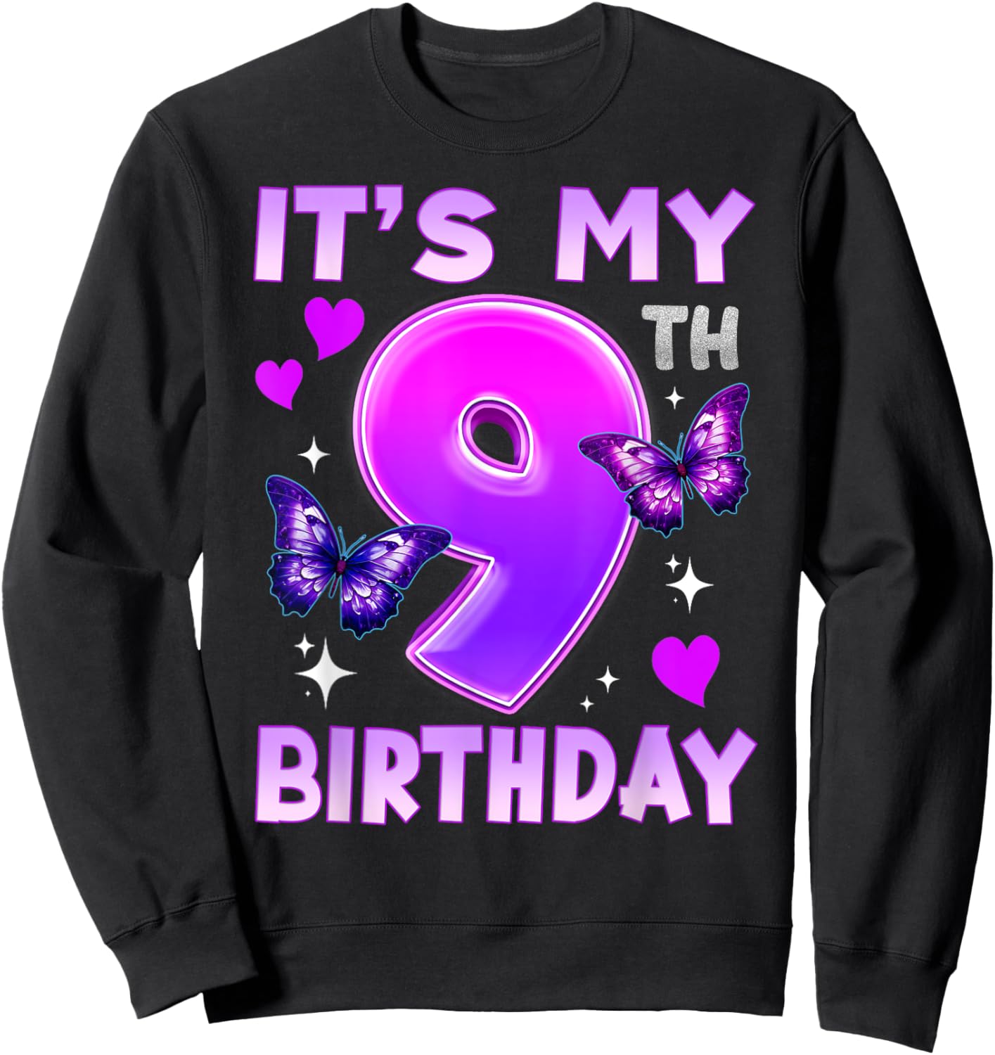 9th Birthday Butterfly Nine Bday 9 Year Old Birthday Girl Sweatshirt - Sweatshirt | Black